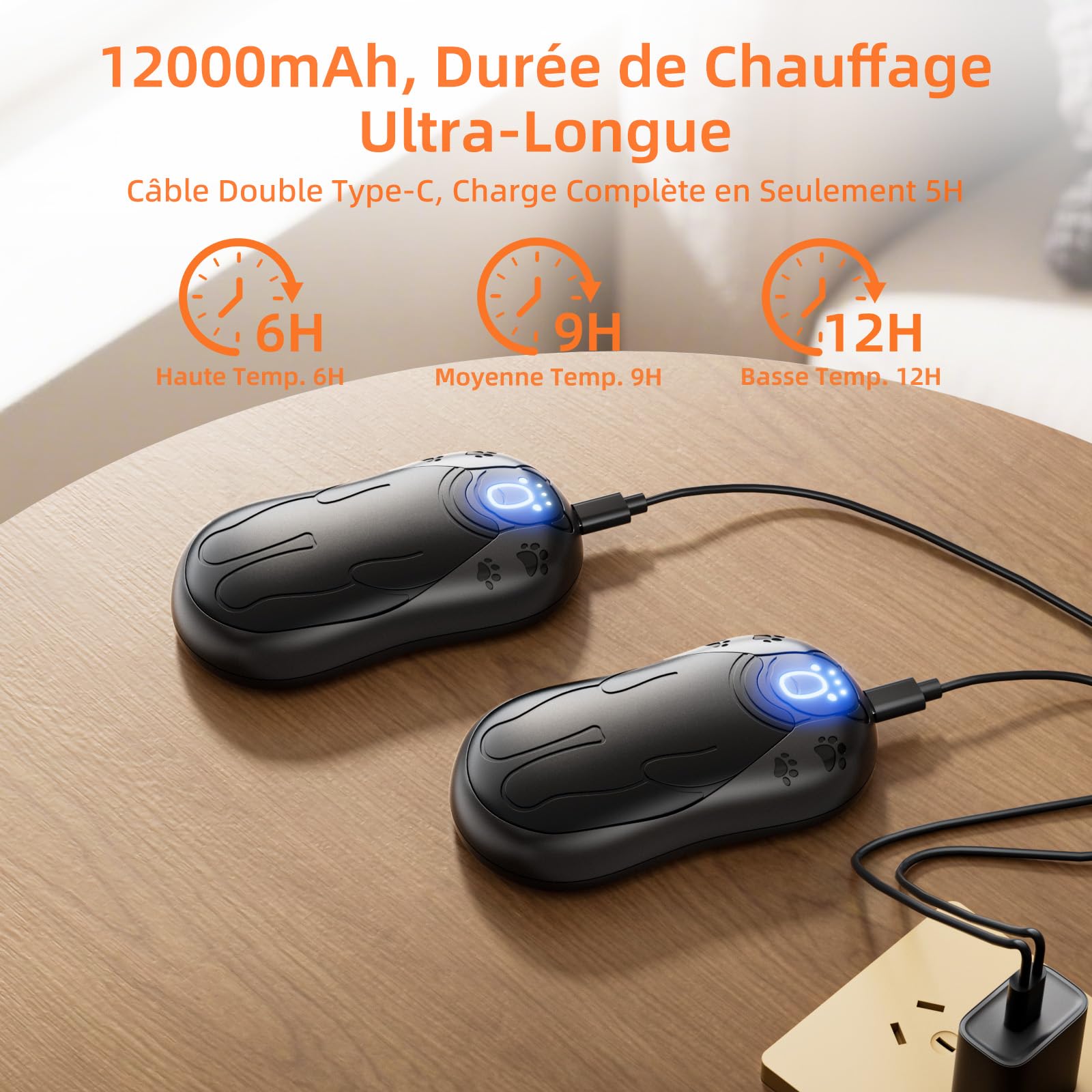 Chauffe Main Rechargeable 12000mAh, 2 en 1 Chaufferette Main Reutilisable, Magnétique Chauffe-Main, 3 Niveaux de Chauffe, Cadeau d'hiver, Idéal pour Camping, Ski et Autres Sports de Plein Air