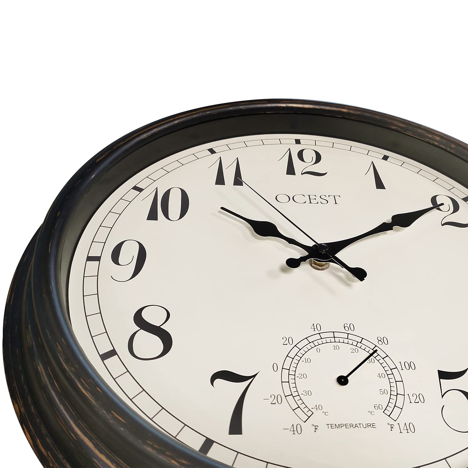 OCEST Grande horloge murale d'extérieur et d'intérieur,Étanche,Avec thermomètre,Résistante aux intempéries,Sans tic-tac,À piles,Pour terrasse, piscine, lanai, clôture, porche, salle de bain,40.6 cm