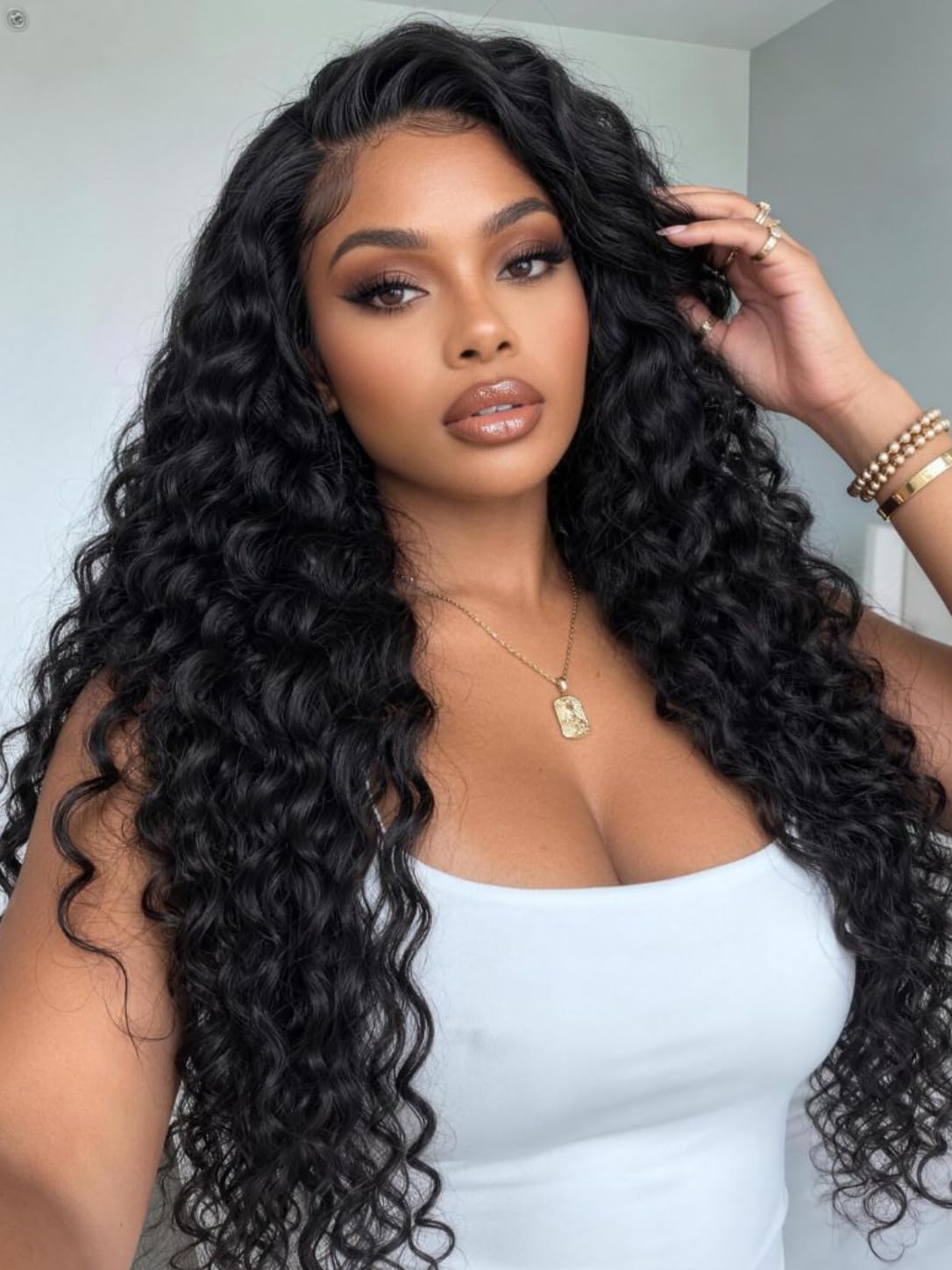 KLAIYI Loose Wave Curly No Slip Precut 7x5 Lace Front Wigs Human Hair 16” Natural Curly | 7x5 Bye Bye Slip | Natural Color 16 Inch