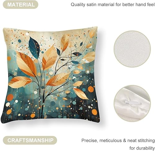 Miniatura 4 de Fundas de almohada de satén con hojas de otoño de color verde azulado dorado con lunares para Acción de Gracias, otoño, Halloween, funda de almohada