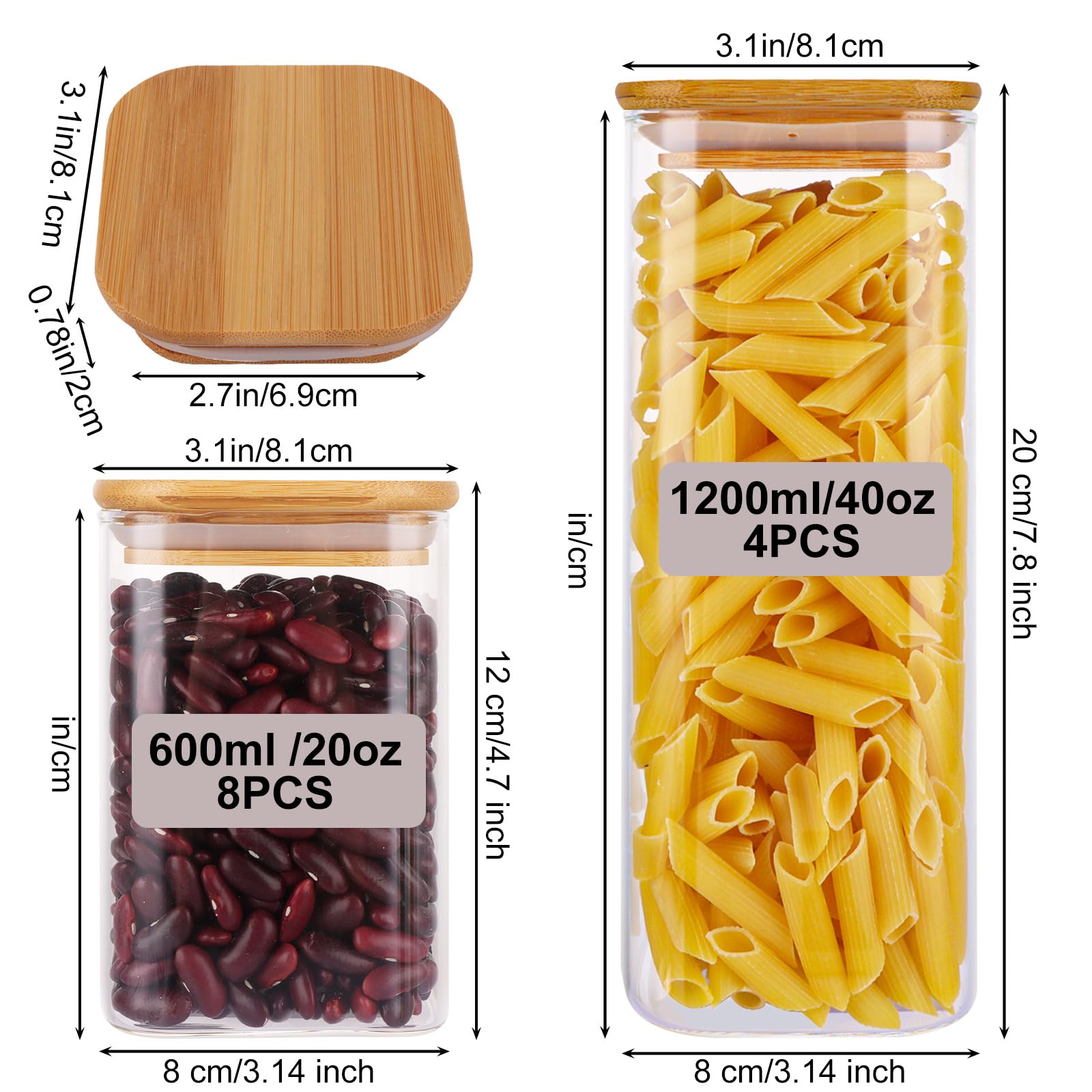 Confezione da 12 barattoli in vetro con coperchi in bambù, contenitori da cucina con coperchio, ermetici, per spezie, caffè, tè, zucchero, organizzazione della cucina, 600 ml, 1200 ml