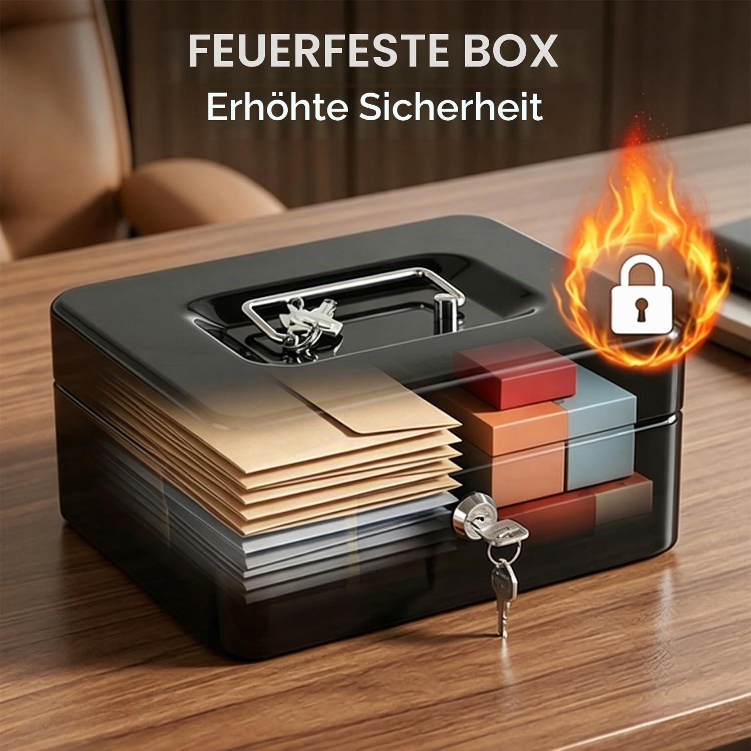 Feuerfeste Box mit großer Kapazität tragbarer Metall sicherer Aufbewahrungsbox mit 2 Tasten für Heimwagen -Reisedokument Cash Schmuck Feuerwerk Datei Box (Schwarz)