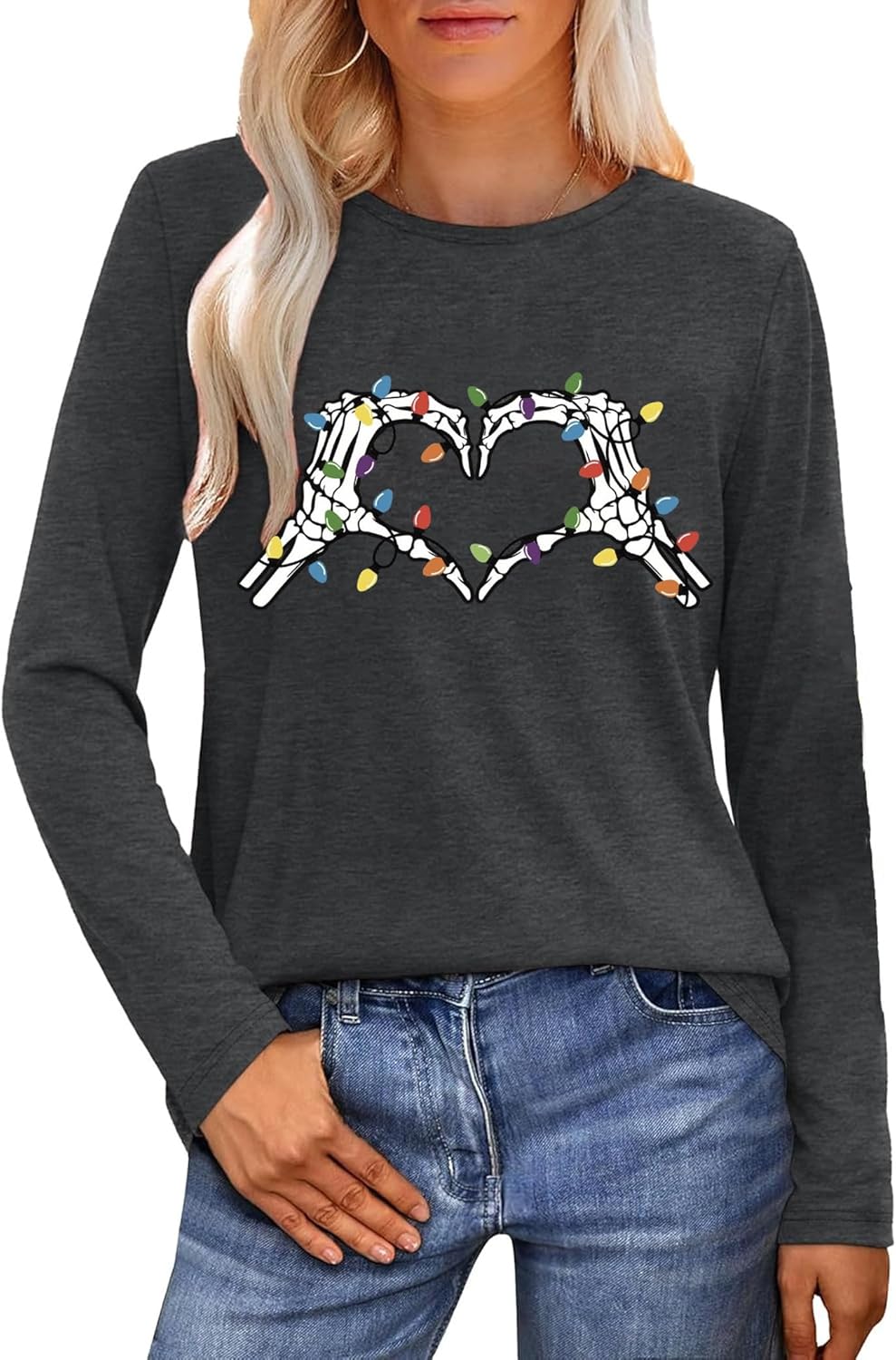 Christmas Shirt for Women Dance Skeleton Cute Graphic Santa Long Sleeve Holiday Casual Tee Top