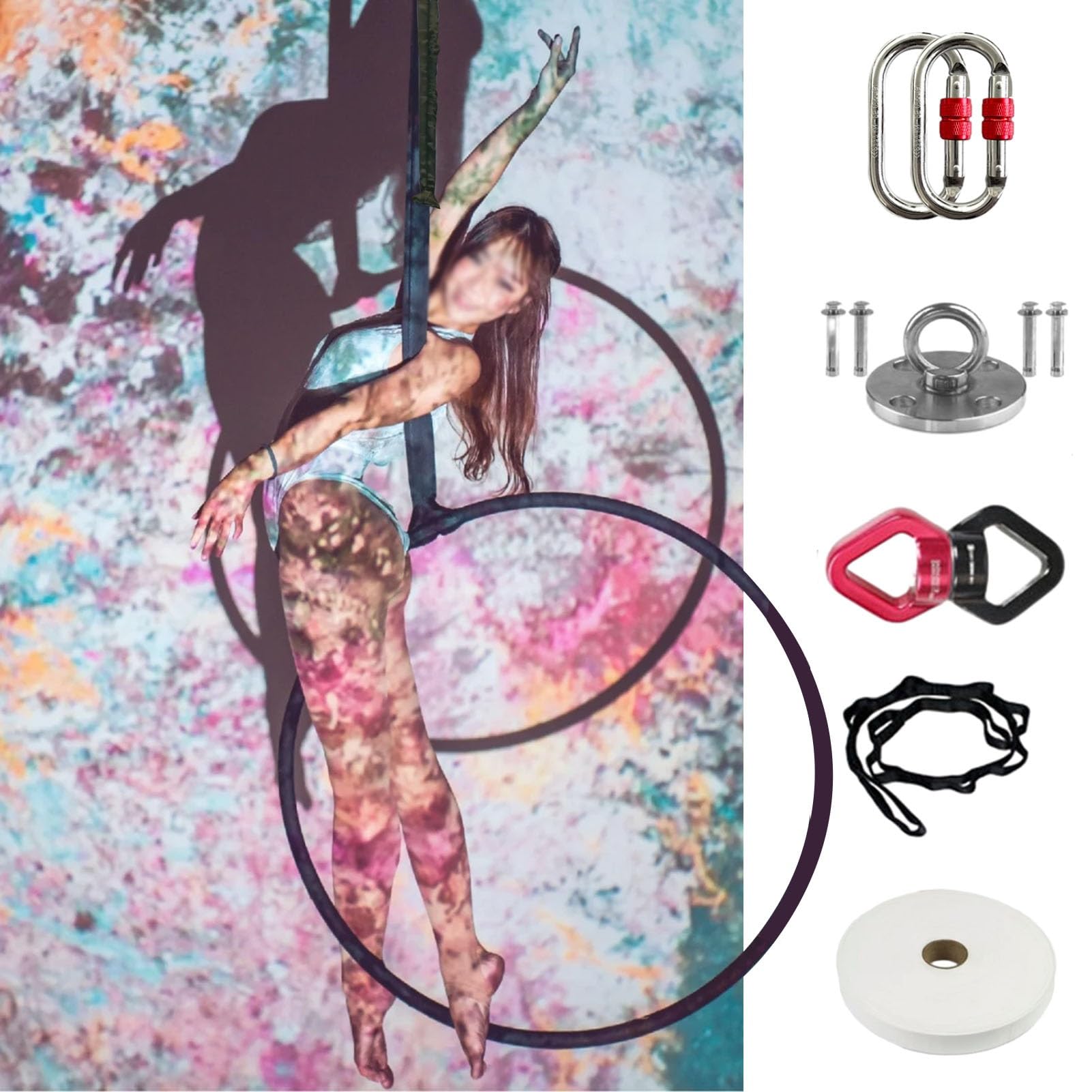 Zestaw obręczy z lotu ptaka, Lyra Hoop Iron Aerial Hoop Set Fully, jednopunktowy zestaw obręczy powietrznych Lyra z kompletnym sprzętem do olinowania, obracany o 360° pierścień do jogi (Rozmiar: 100