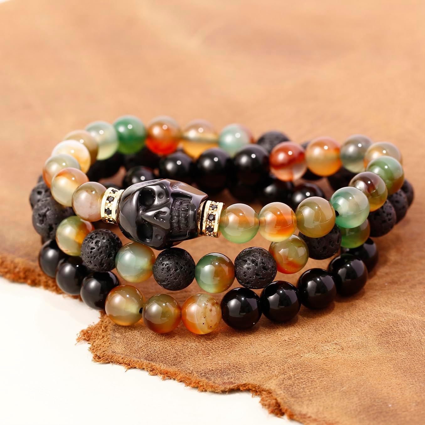 Wrap Agate Stretch Beaded Bracelets Protection Obsidian Small Skull Lava Stone Bracelet for Women Essential Oil Diffusers Jewelry Meditation Gifts 8mm - Image 2