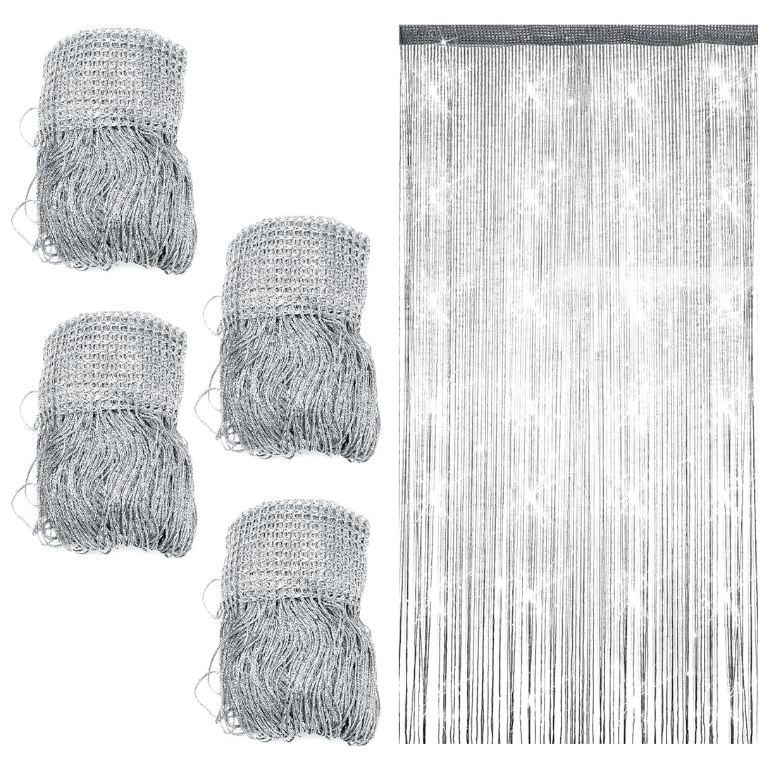 4 Stück Fadenvorhang Türvorhang, 100 x 200cm Glitzer Vorhang, Fliegenvorhang Balkontür, Fadengardine Fadenvorhang, Dekorativer Perlenvorhang für Hochzeit, Party Dekoration (Silbergrau)