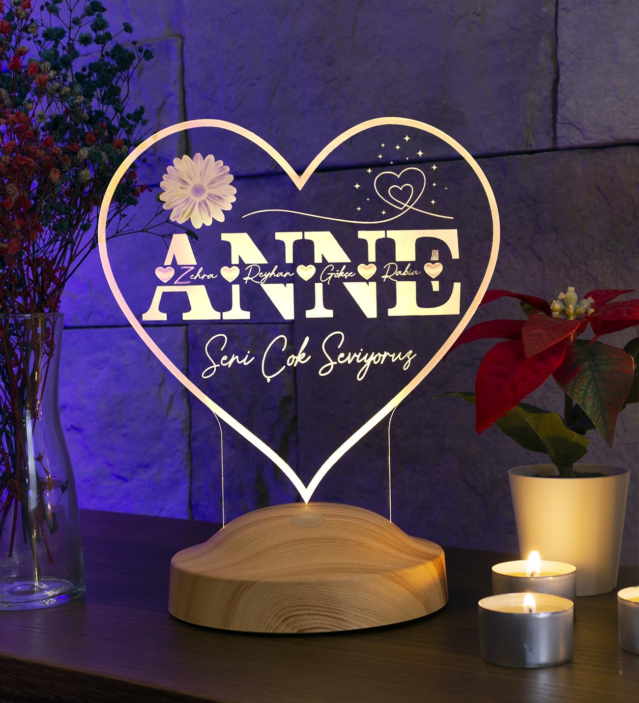 Kalp Şeklinde Anneler Günü Hediyesi, Kişiye Özel Anneye Hediye İsim Yazılı Led Lamba