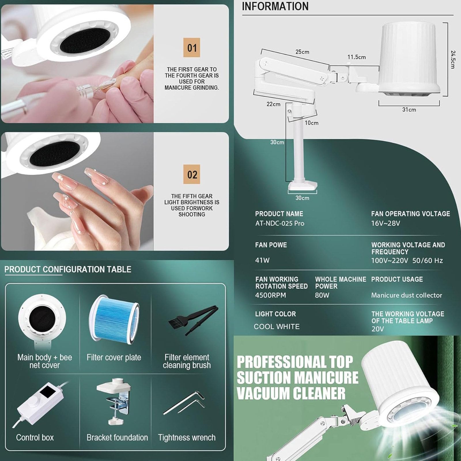 Estrattore di polvere per unghie, a basso rumore, forte aspirazione regolabile, luminosità a 5 LED, universale, per uso domestico o salone di bellezza