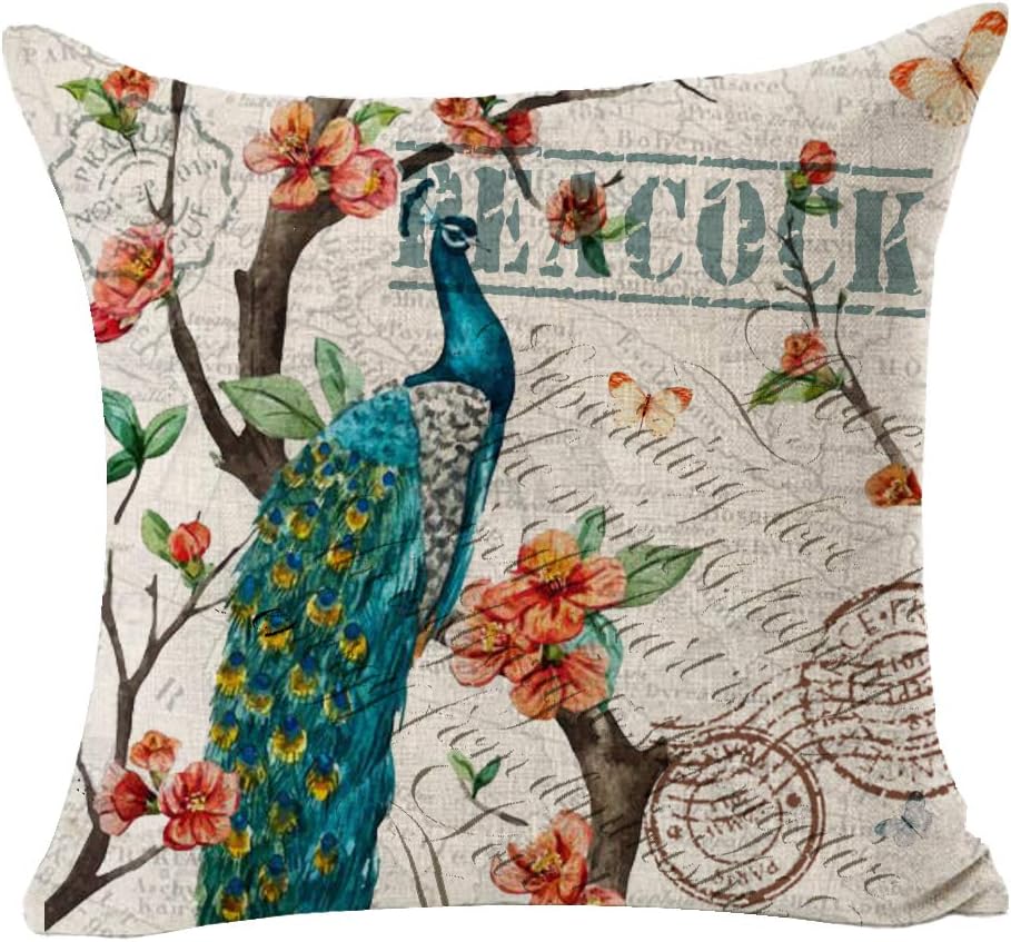 QINU KEONU Colorful Peacock Feather Peach Tree English Vintage Background Cotton Linen Throw Pillow Case Cushion Cover Home Sofa Decorative 18 X 18 Inch (009)