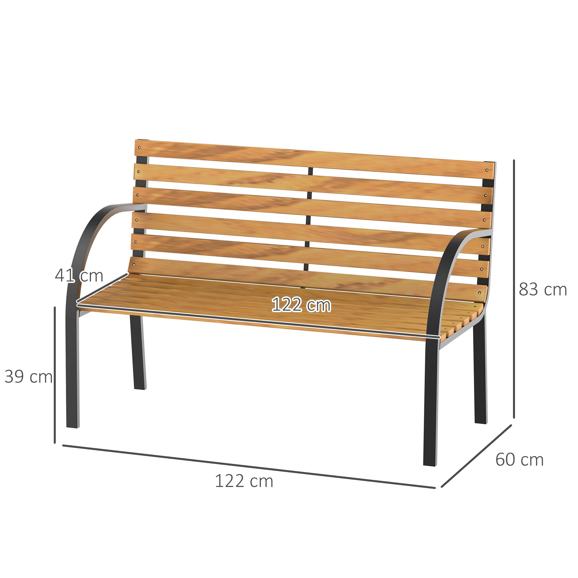 Outsunny Banco de Jardín de Madera de 2 Plazas 122x60x83 cm con Respaldo y Apoyabrazos Listones y Marco de Acero Carga 220 kg Color Natural y Negro