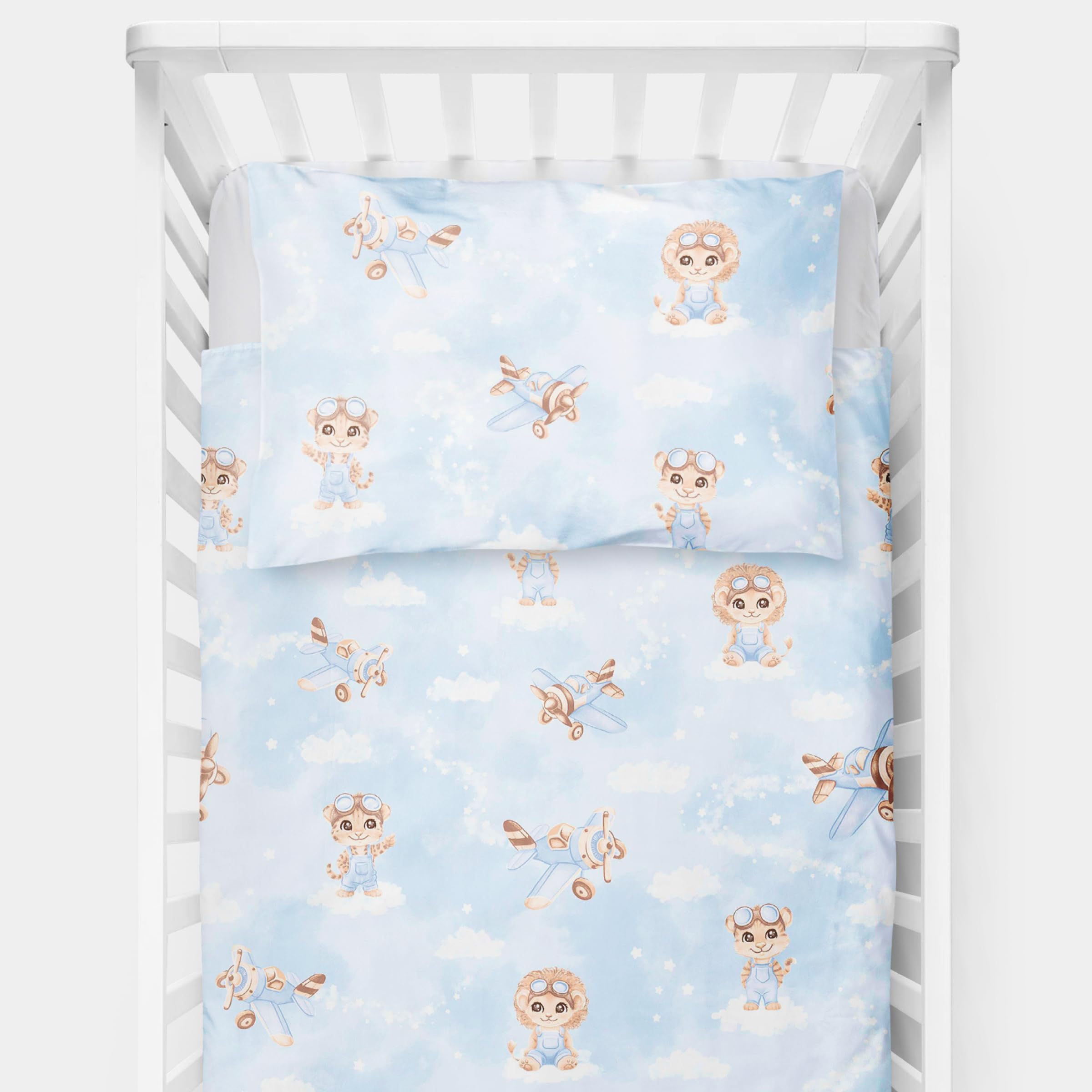 Baby Comfort 4 Piece Toddler Kids Cot Bed Set 120x90 cm Duvet Pillow Duvet Cover Pillowcase 12M+ (Tigers pilots)