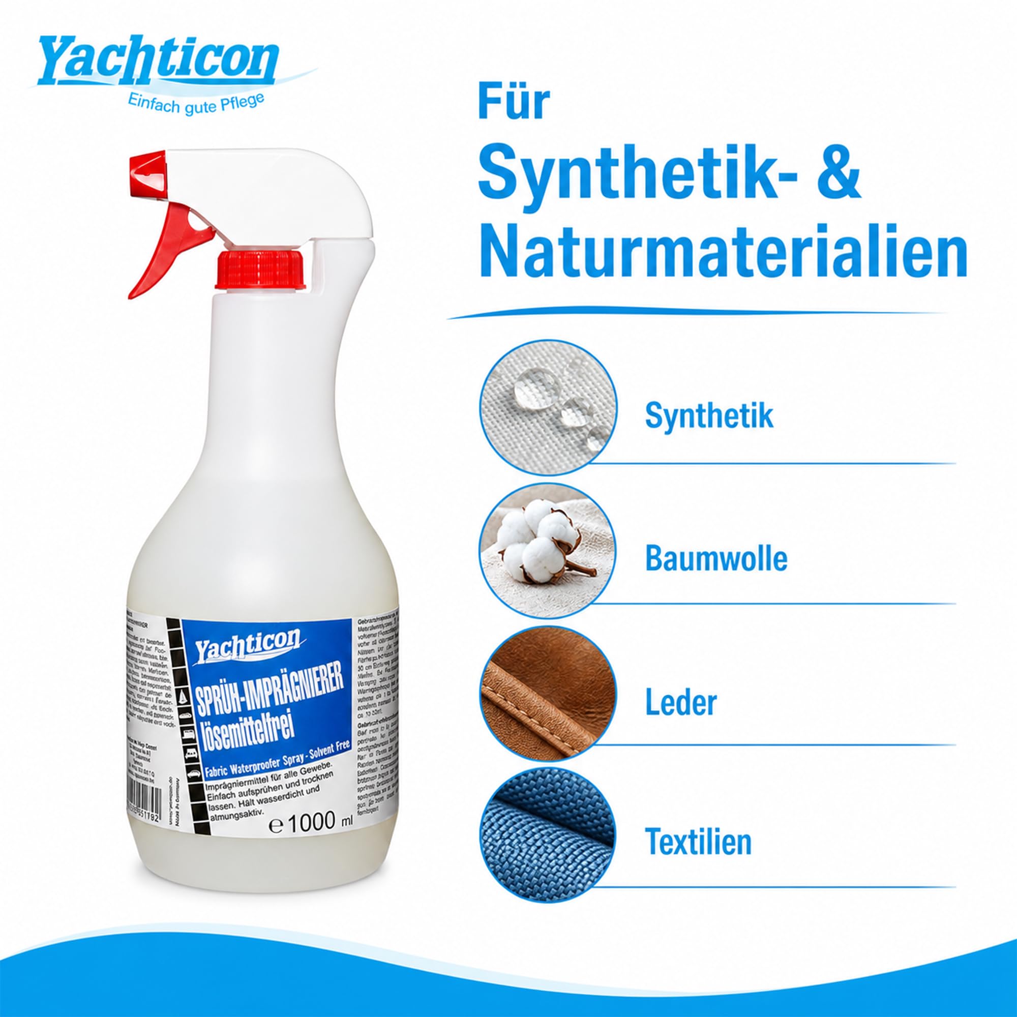 YACHTICON Sprüh-Imprägnierer lösemittelfrei 1000 ml - Schutz vor Wasser, Flecken und Schimmel für Synthetik- und Naturmaterialien