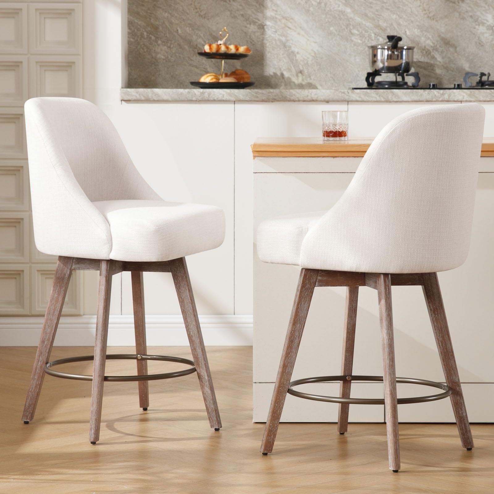 Bekrvio Counter Height Bar Stools Set of 2, Mid-Century Modern Swivel Barstools with Back and Wood Legs, Linen Fabric Upholstered Chairs 65CM Seat Height Counter Stools (Linen Off White, 2PCS)