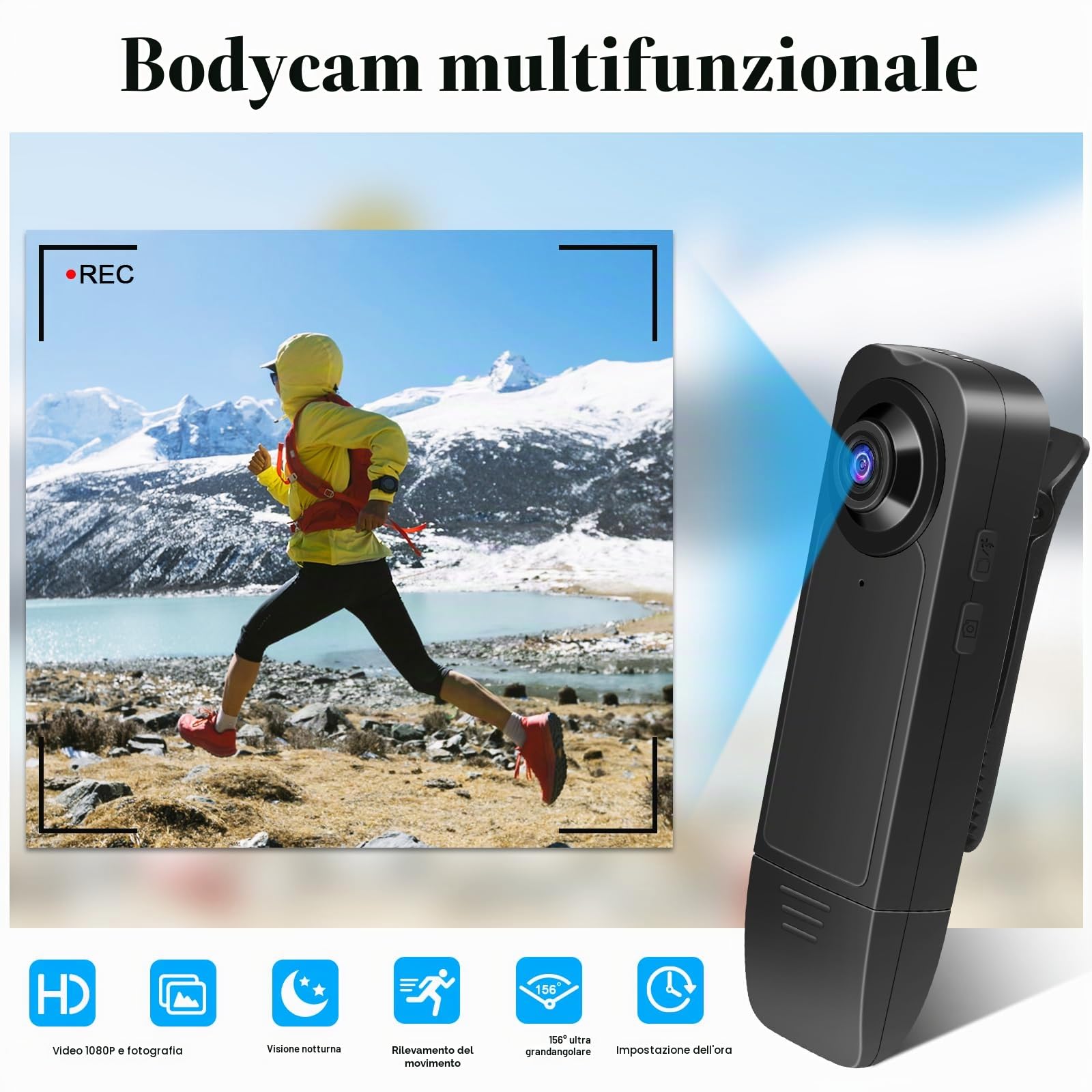 Bodycam HD 1080P , Piccola Telecamera Spia , Bodycam con Audio e Video Mini Fotocamera per il Corpo con Visione Notturna e Rilevamento del Movimento Per Sicurezza, Guardia ( con Memoria da 32 GB)