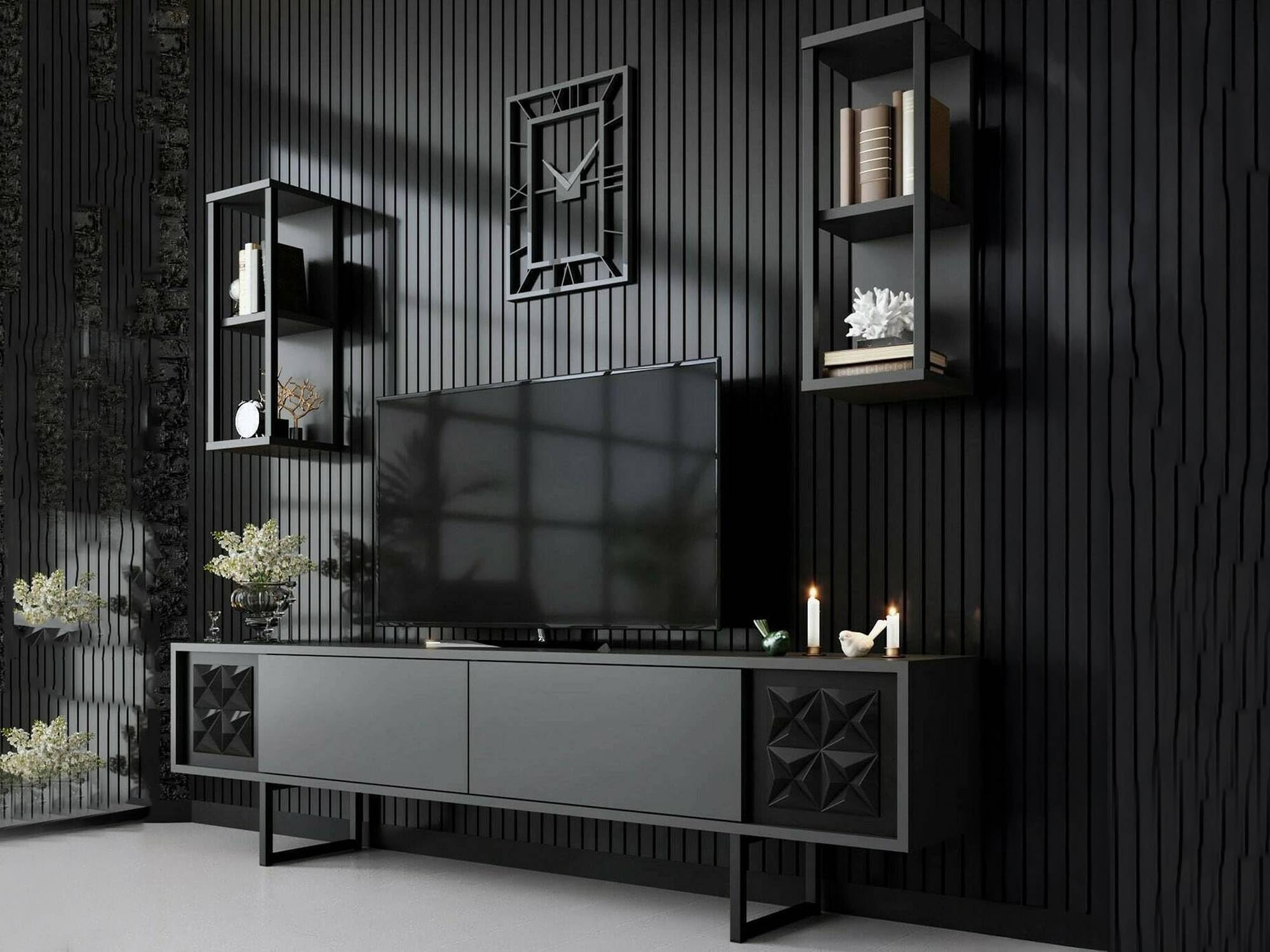 Dmora - Mobile porta TV Kaus, Credenza da soggiorno, Armadio basso per TV, Base parete attrezzata, 180x30h48 cm, Antracite e Nero