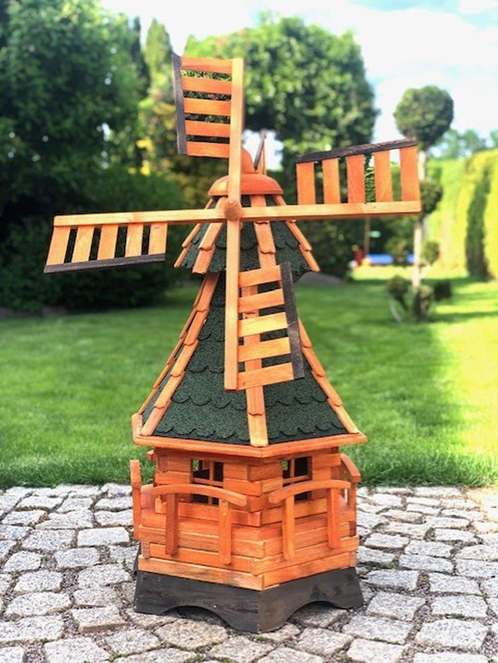 Molino de viento hexagonal hecho a mano para jardín, de madera, rodamiento de bolas, marrón/verde, altura 95 cm
