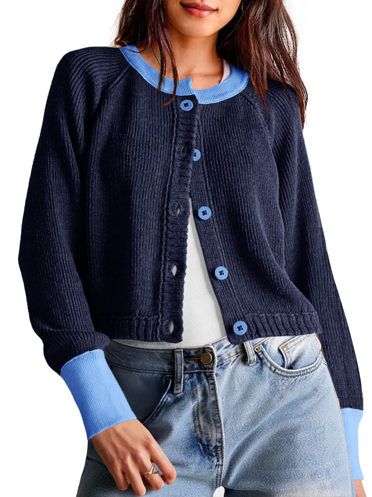 Saodimallsu Womens Cropped Cardigan Sweaters Button Down Open Front Long Sleeve Fall Trendy Color Block Knit Coats