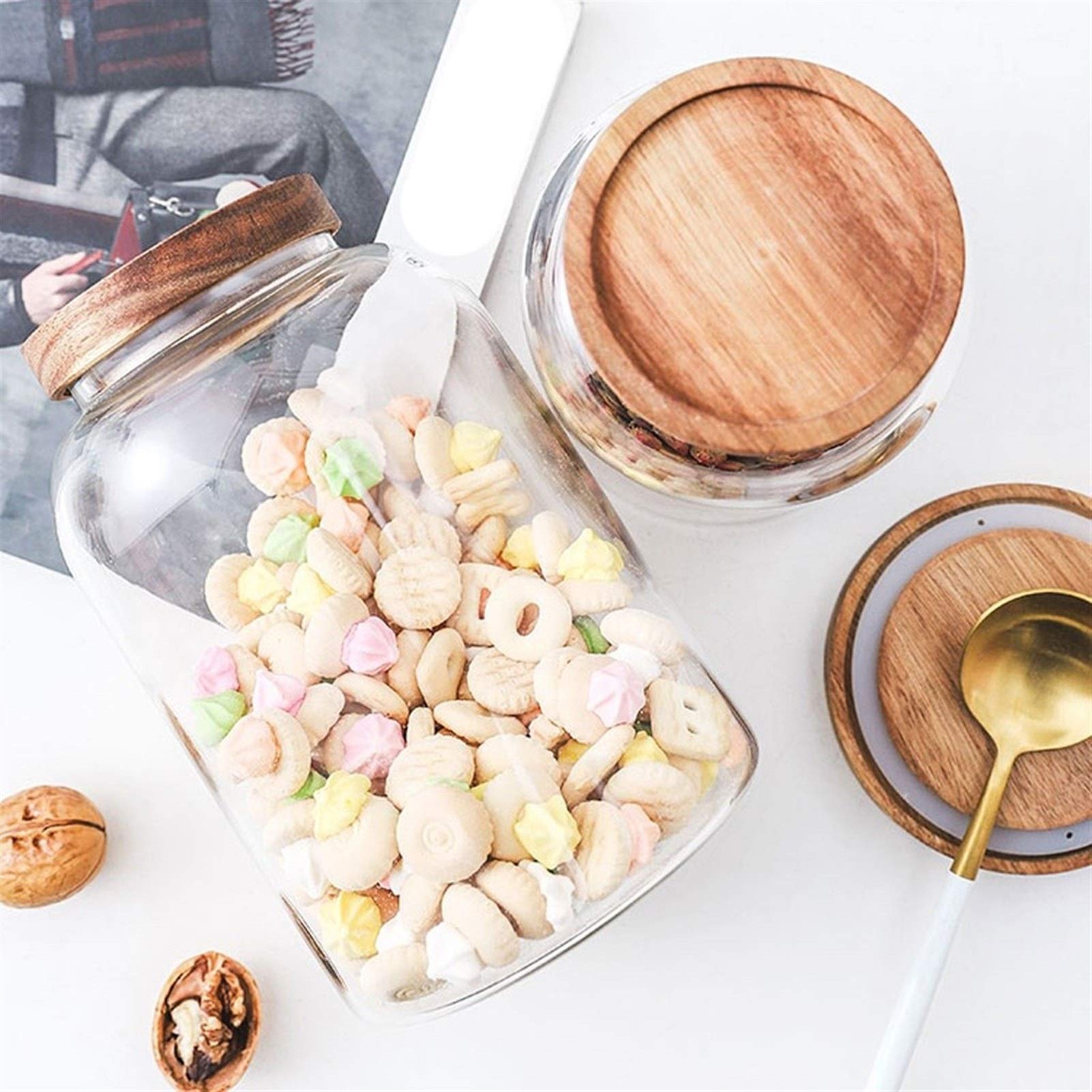 Botes para Alimentos Tarro 2pack de almacenamiento de vidrio con tapas de madera, de cristal del frasco de la cocina de Contenedores de Almacenamiento de granos de café, té, frutos secos, azúcar, espe