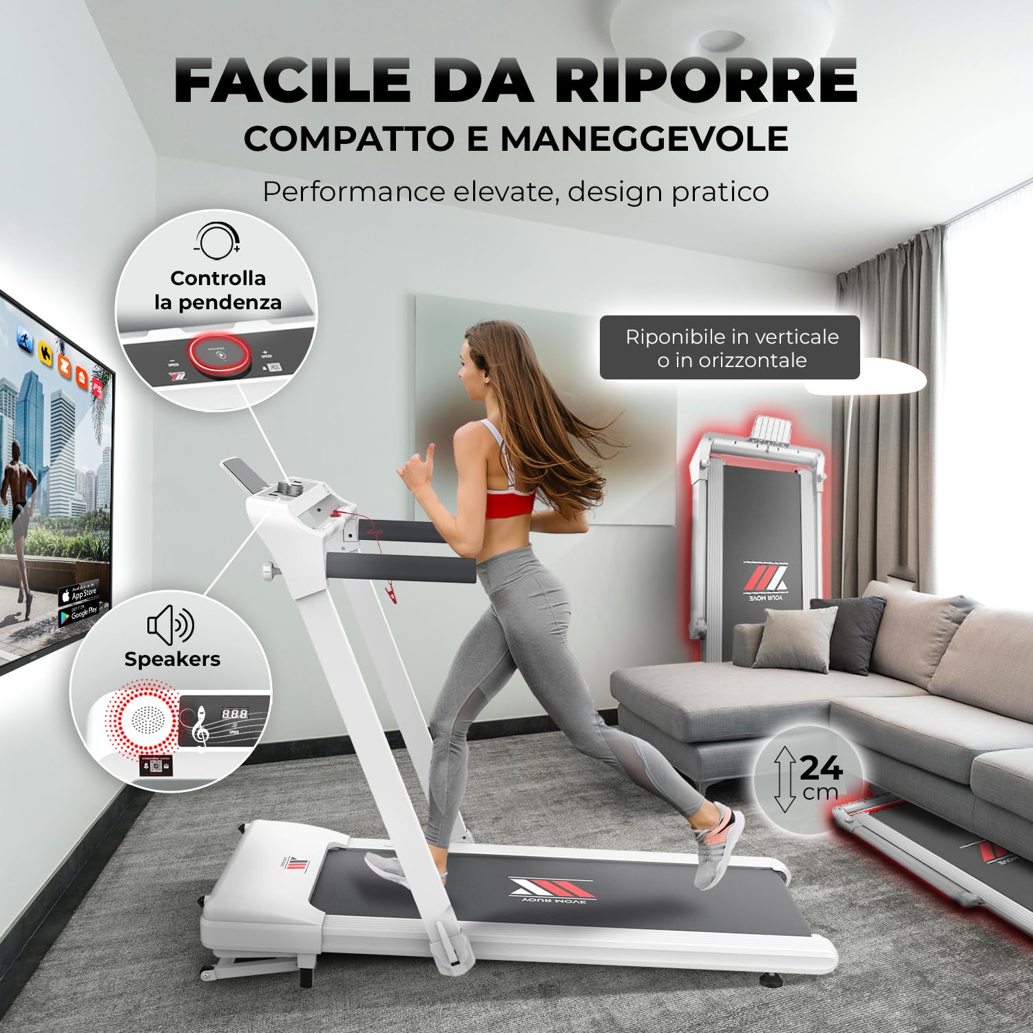 YM Tapis Roulant Elettrico 18 km/h, INCLINAZIONE Automatica, Superfice Corsa XXL, Salvaspazio Pieghevole, 2 Sistemi di Controllo (TASTI o GESTUALE), APP Interattive Bluetooth, NEXT 8000 Your Move