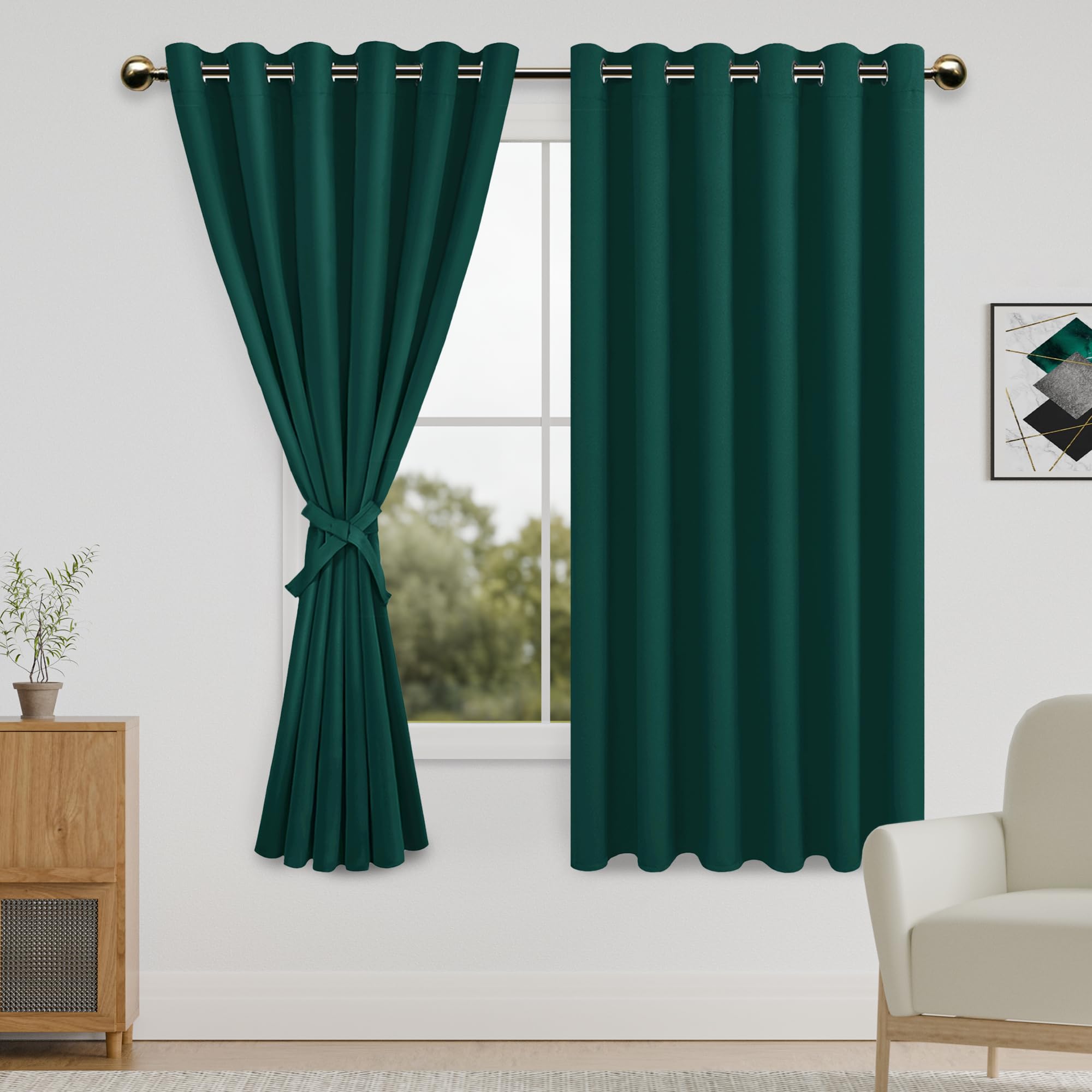 DWCN Blackout Curtains for Bedroom with Tiebacks - Room Darkening Privacy Grommet Top Window Curtains for Living Room, 70 x 63 inch Length,Dark Green,Set of 2 Panels — image 1
