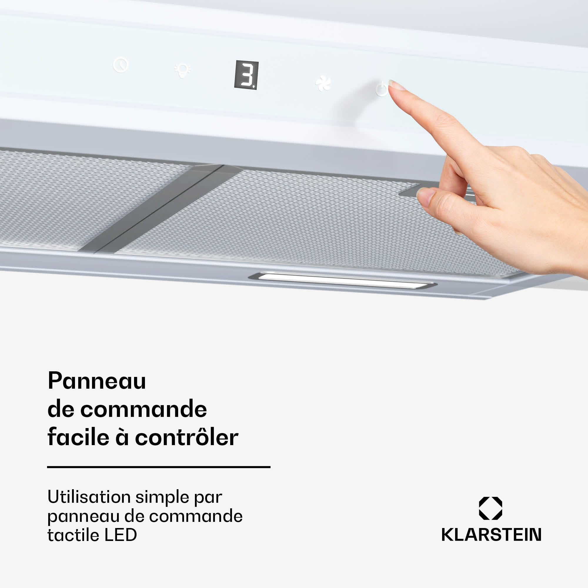 Klarstein Purista Force Hotte aspirante, Hotte murale de cuisine 60 cm, 343 m³/h, Double moteur, CEE C, Panneau tactile LED, Éclairage LED, Filtre à charbon actif