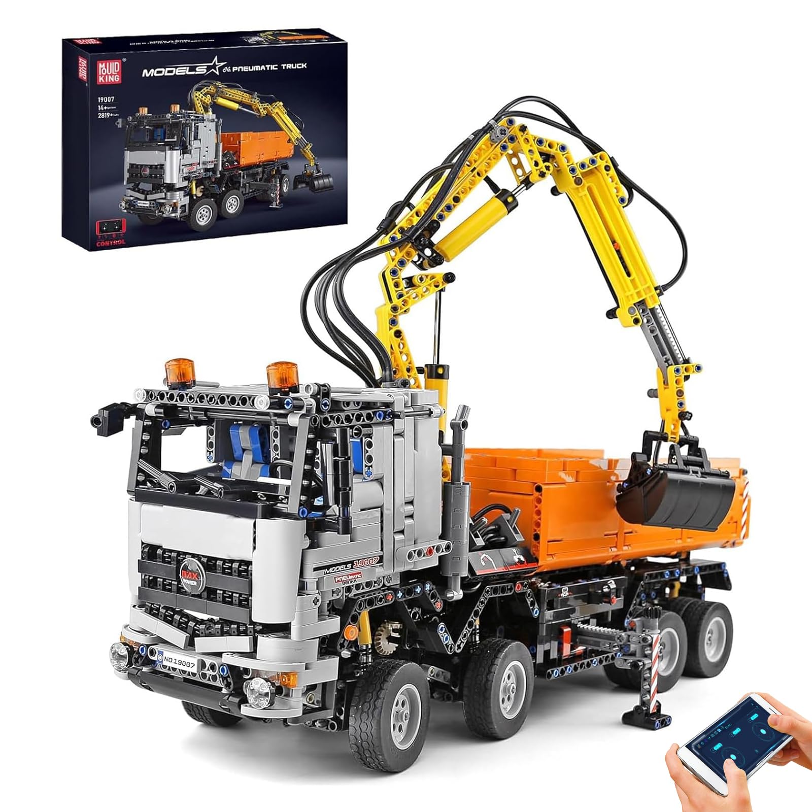 Mould King 19007 Engineering Crane Pneumatic Truck Building Blocks, Engineering Truck with Remote Control and Motors, 2819 Parts Large MOC Remote Control Car Clamp Blocks Bricks Toy
