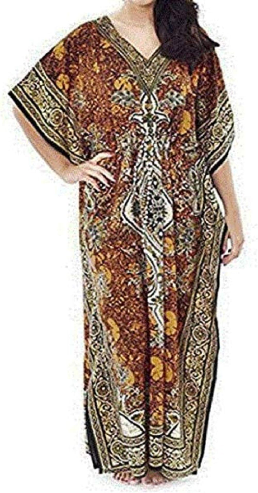 THREE EYE STOREWomen's Kaftan Dress Beach Cover Up Tribal Ethnic Print Plus Size V-Neck Loose Kimono Maxi Dress