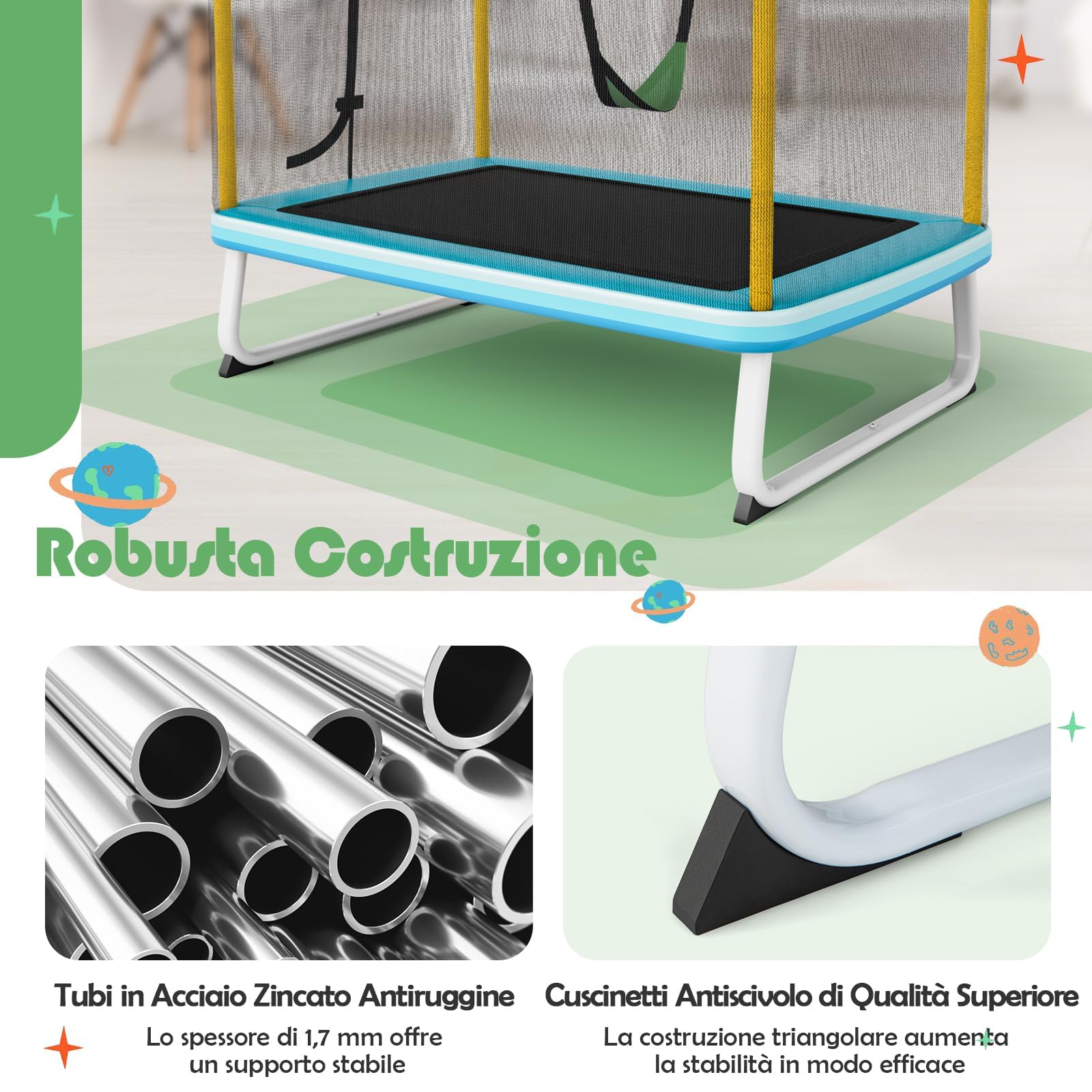 GYMAX Trampolino Elastico per Bambini, 3 in 1 con Altalena e Barra per Trazioni, Rete di Sicurezza, Interno ed Esterno, Idea Regalo per Bambini 3+