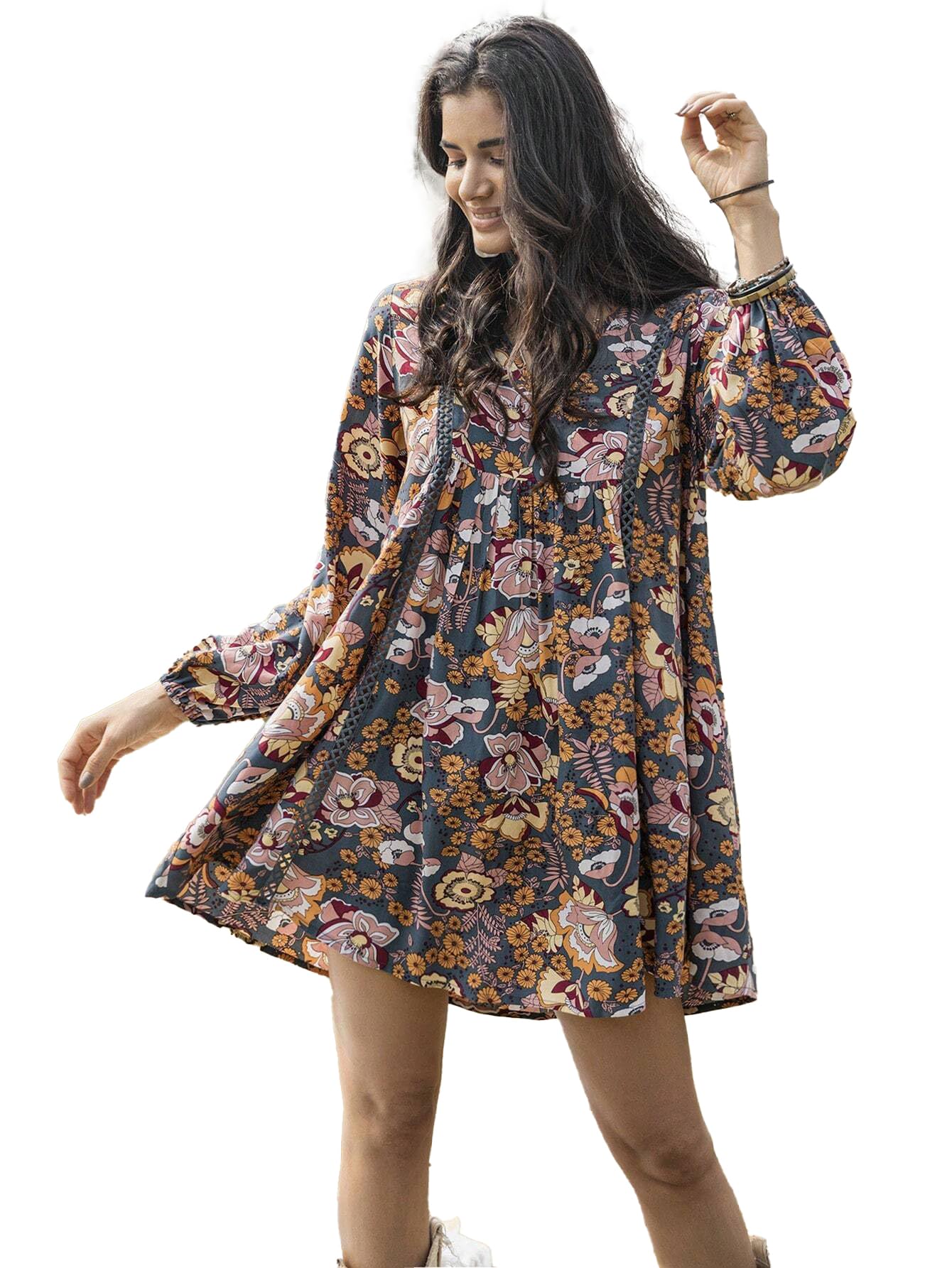 Smowkly Floral Print Bishop Sleeve Smock Dress 1244_Gry_L Grey
