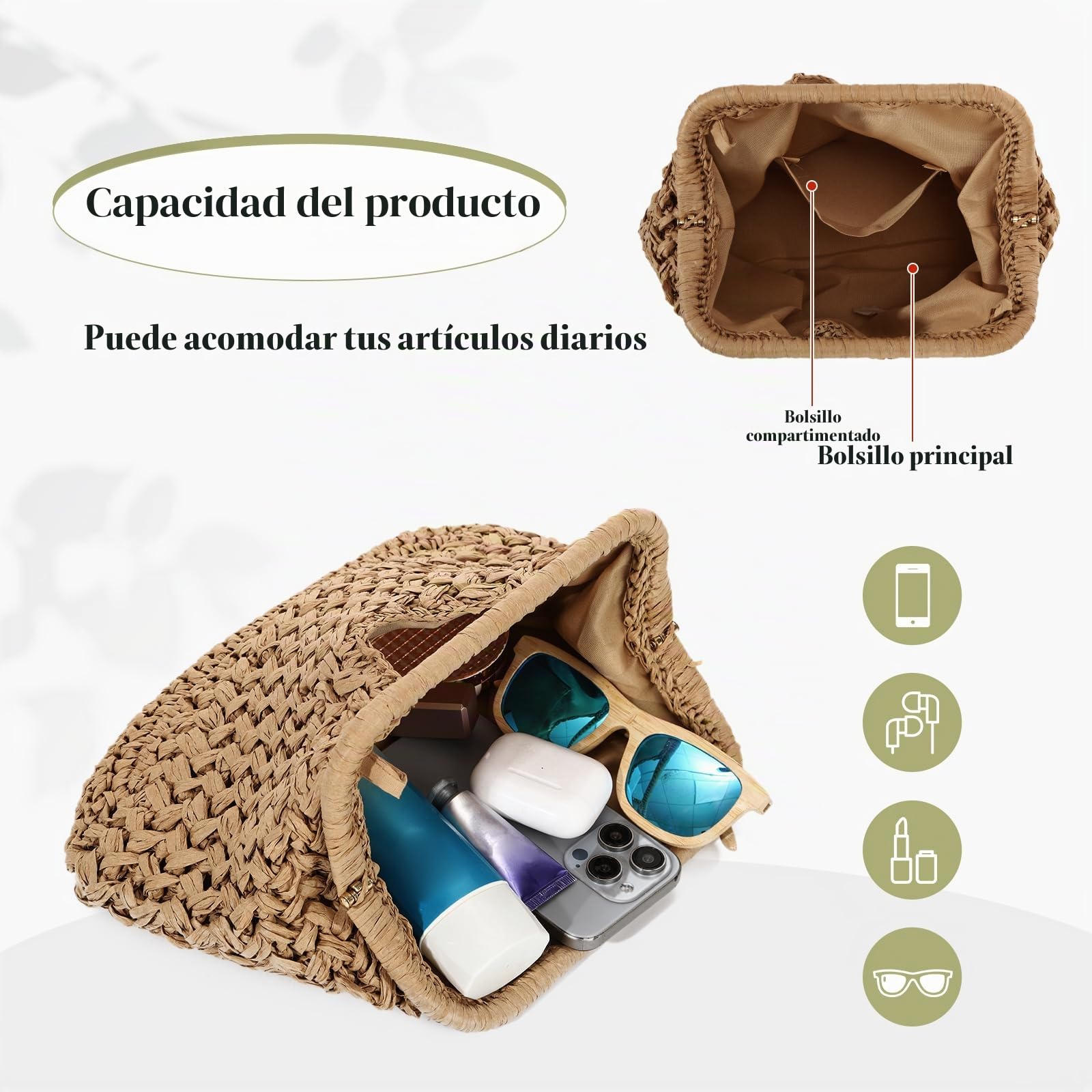 Bolso de Mano de Paja Mujer Cartera Trenzada Diseño Dumpling Bolso de Playa Verano y Bandolera de Fiesta
