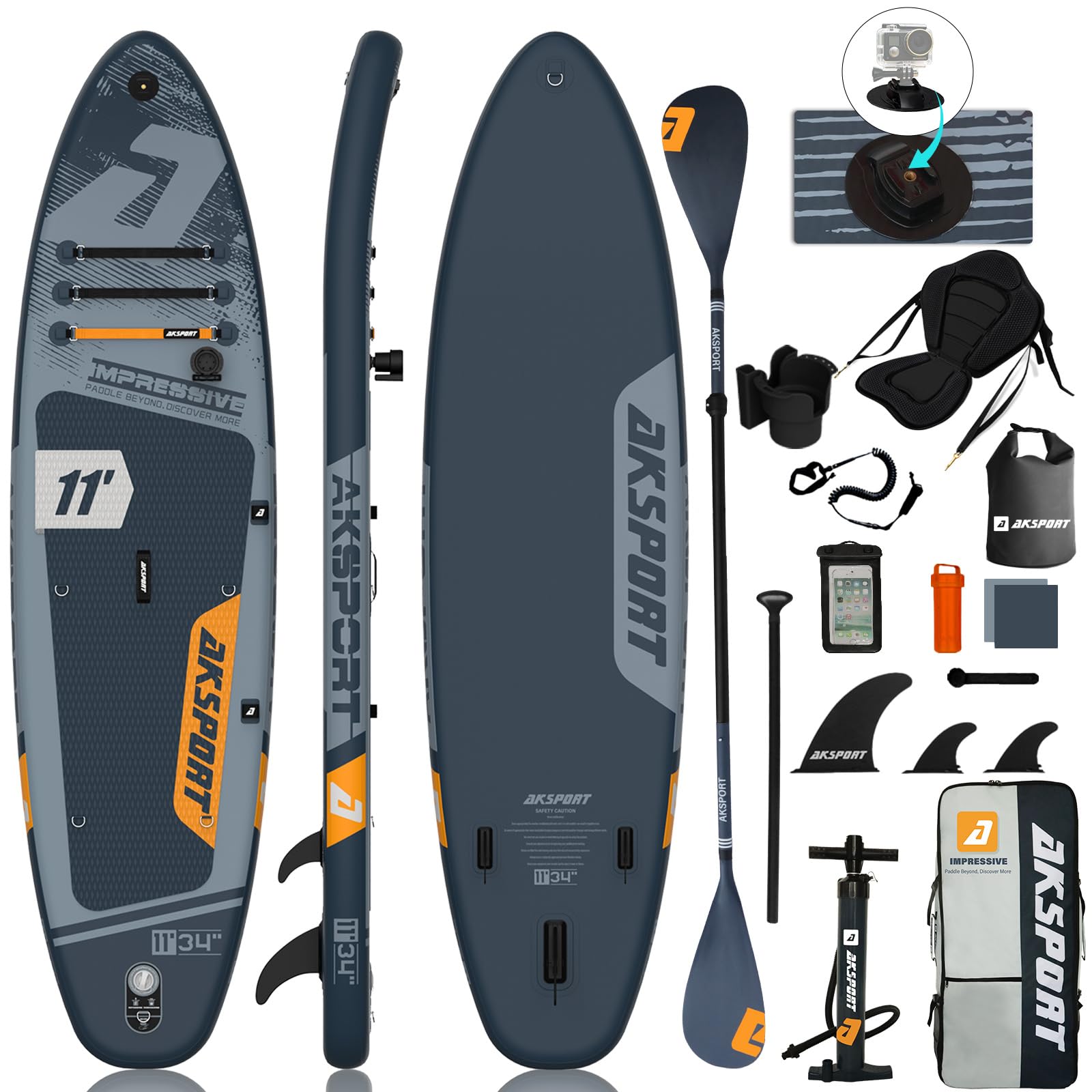 AKSPORT Tavola da Sup Gonfiabile 11' con Accessori Premium | Design Extra Largo 34" | Deck Antiscivolo | SUP per Adulti e Ragazzi di Tutti i Livelli