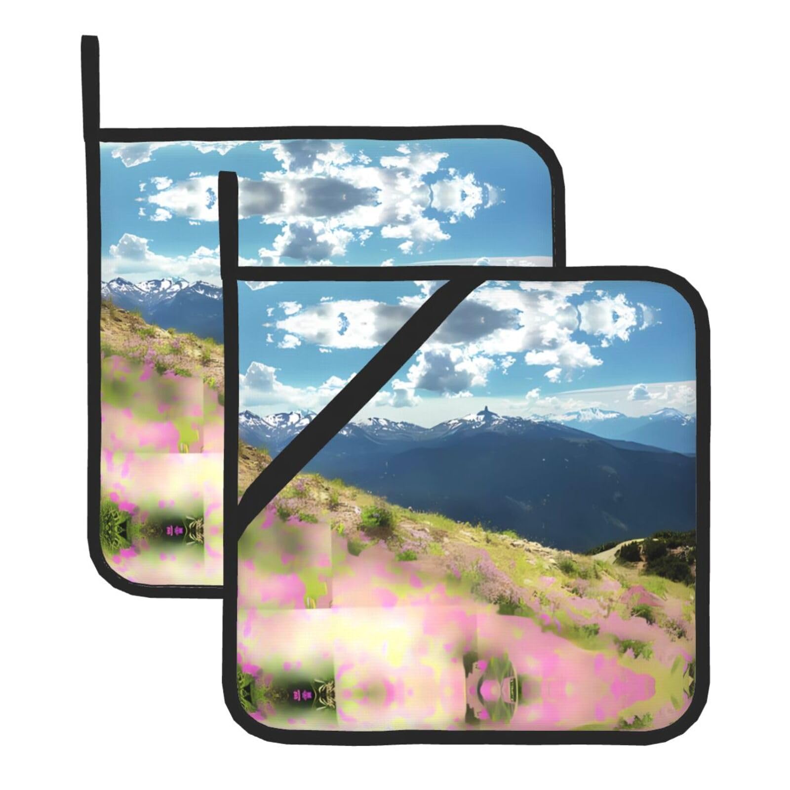 Hjfczh Black Mountains Prints Square Hot Pads Set Of 2 - Waterproof Kitchen Covers For Pots & Pans, Heat Resistant Layers With Hanging Loop - Great For Oven & Bbq