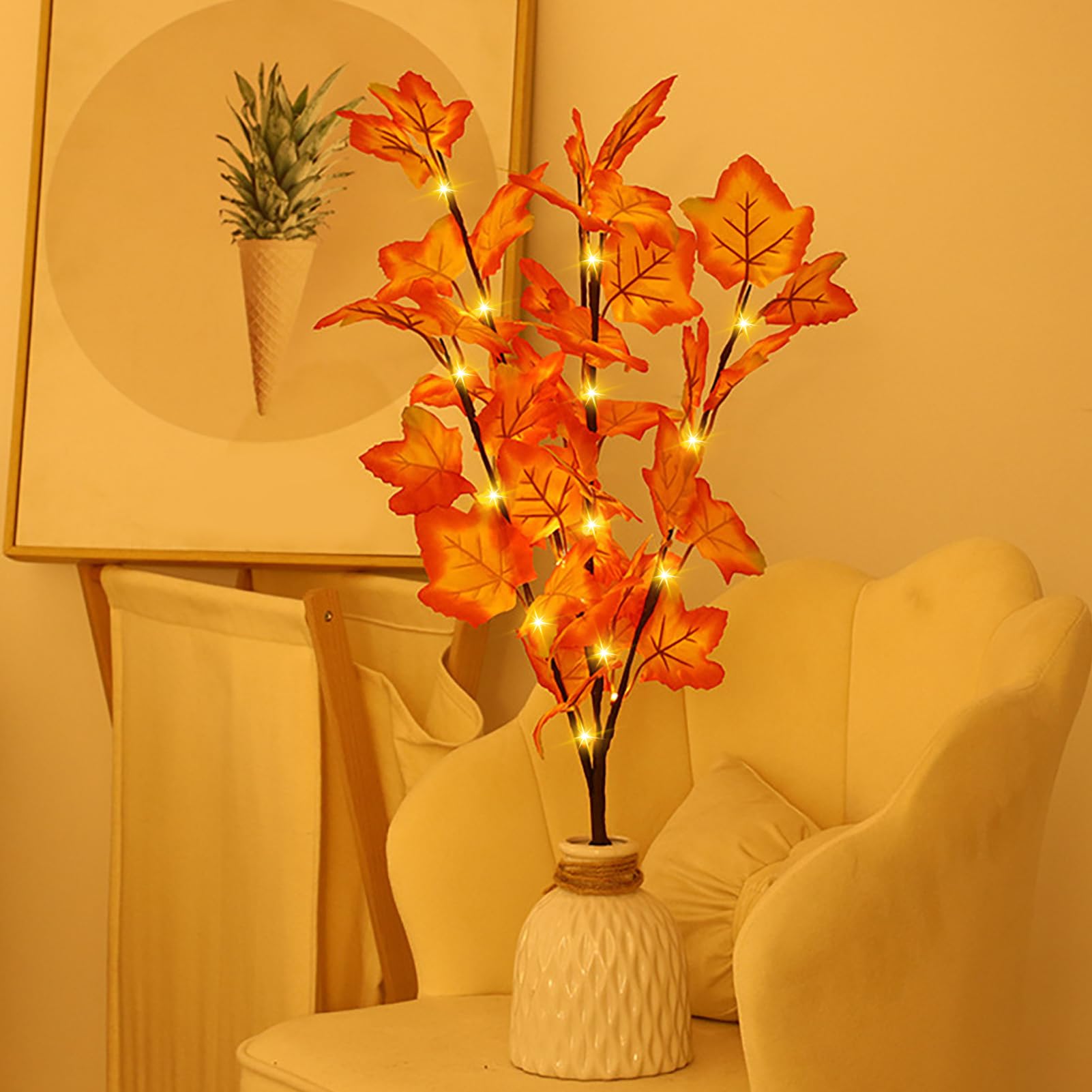 20 LED Lighted Branches Maple Leaf Lights, Battery Operated Twig Lights, Autumn Table Decor Light for Thanksgiving Halloween Christmas Vase Decoration