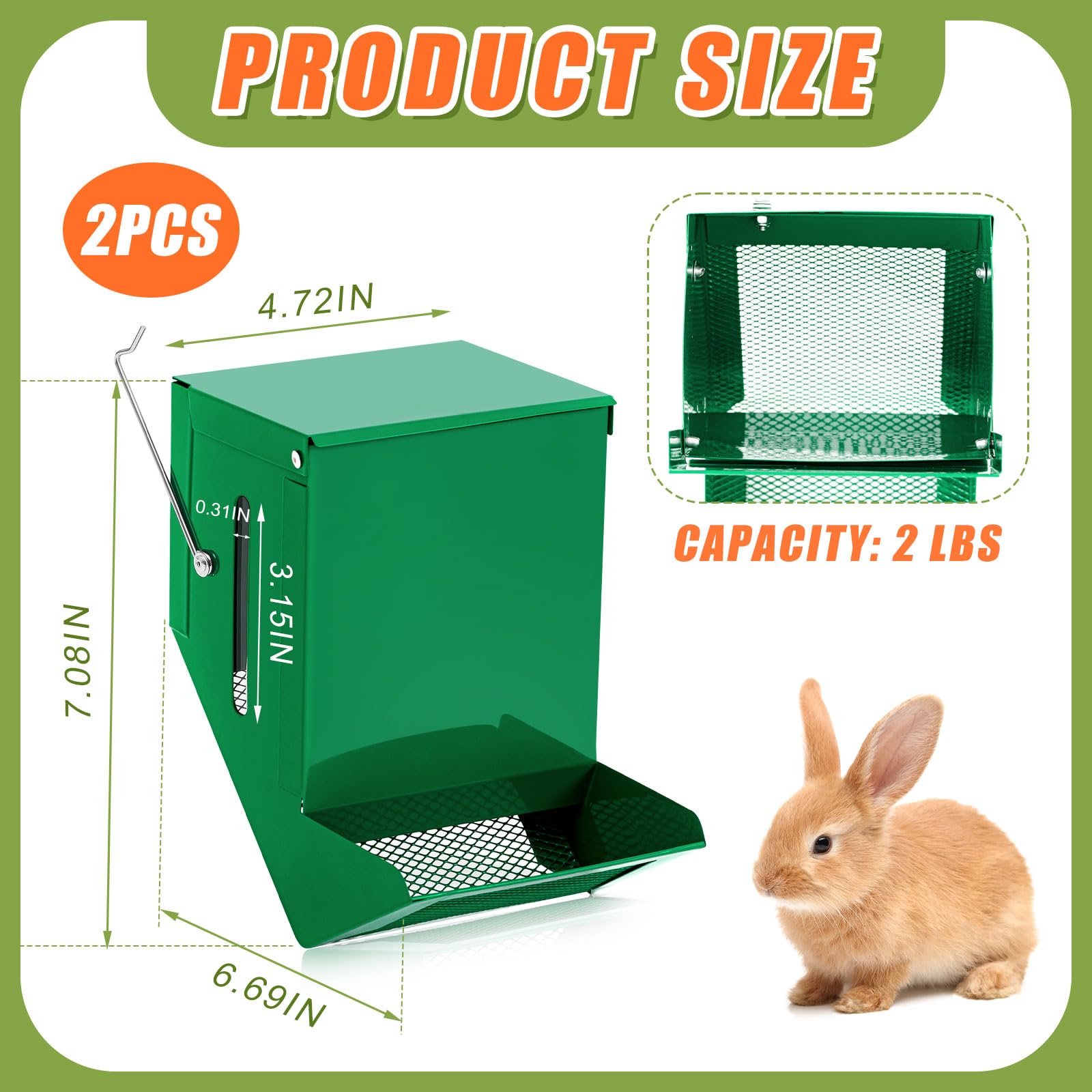 Maxcheck 2 mangiatoie per conigli per gabbie, dispenser di cibo per piccoli animali, con coperchio, in metallo, per grani di pollo, ostriche, conchiglie (11,9 cm, finestrella di visualizzazione, verde