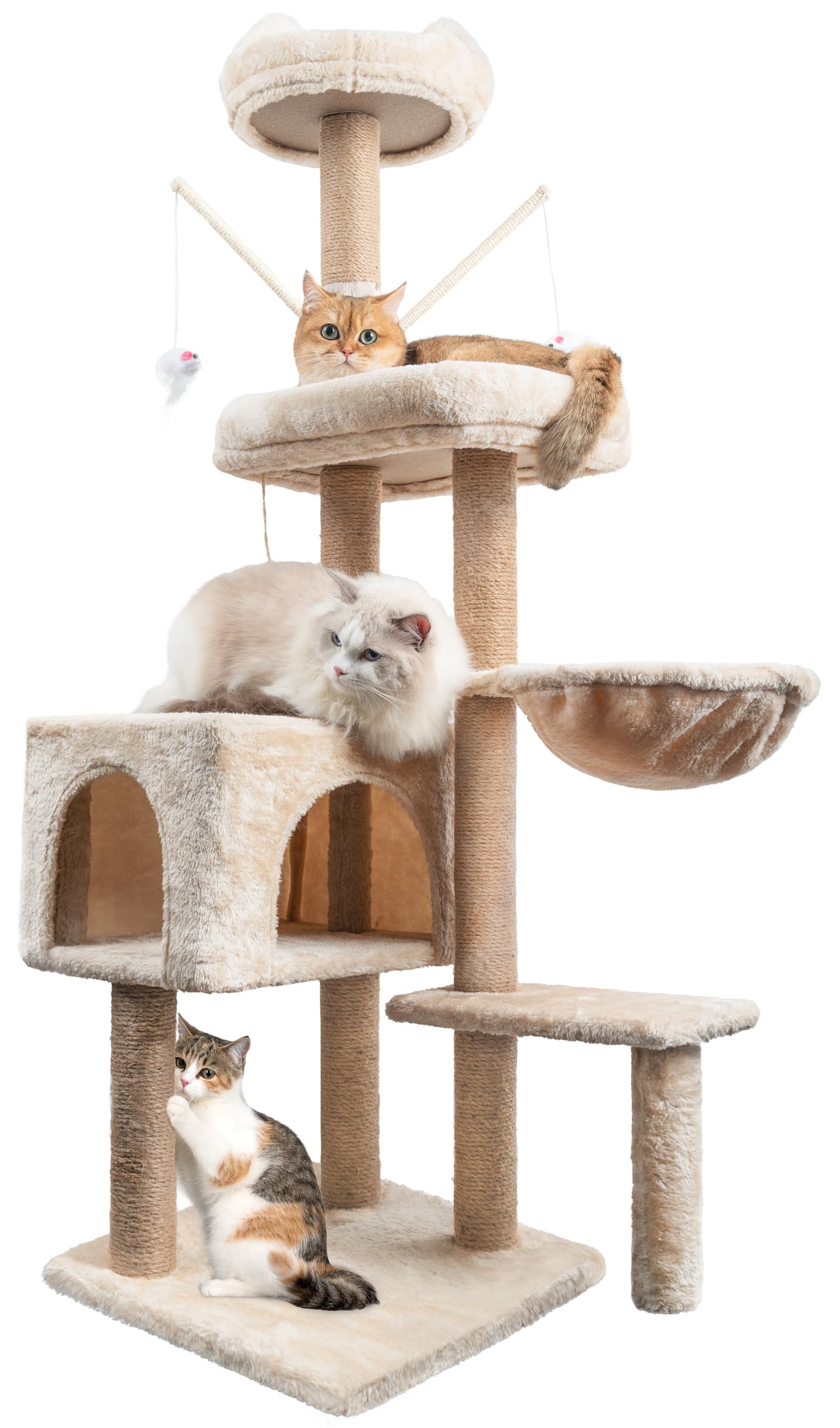 Kratzbaum Katzenbaum, 145 cm hoch, Katzenkratzbaum mit Kratzsäulen, Katzenhöhle, Katzenspielzeug, Katzenkorb für Katzen Kätzchen, Cremeweiß