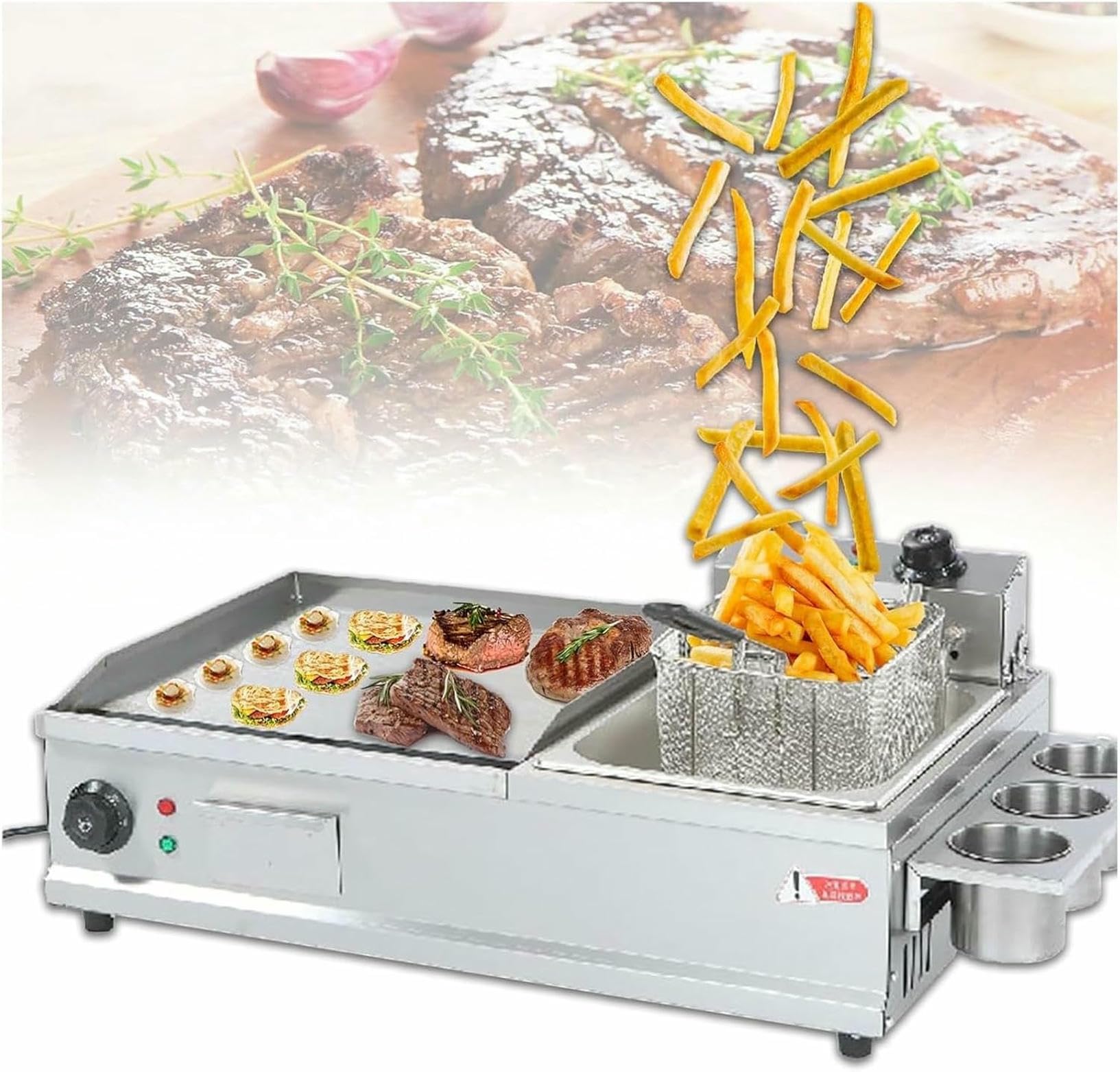 GYKOZY Commercial Electric Griddle, Deep Fryer, Countertop Flat Top Grill With Seasoning Rack, For Restaurant
