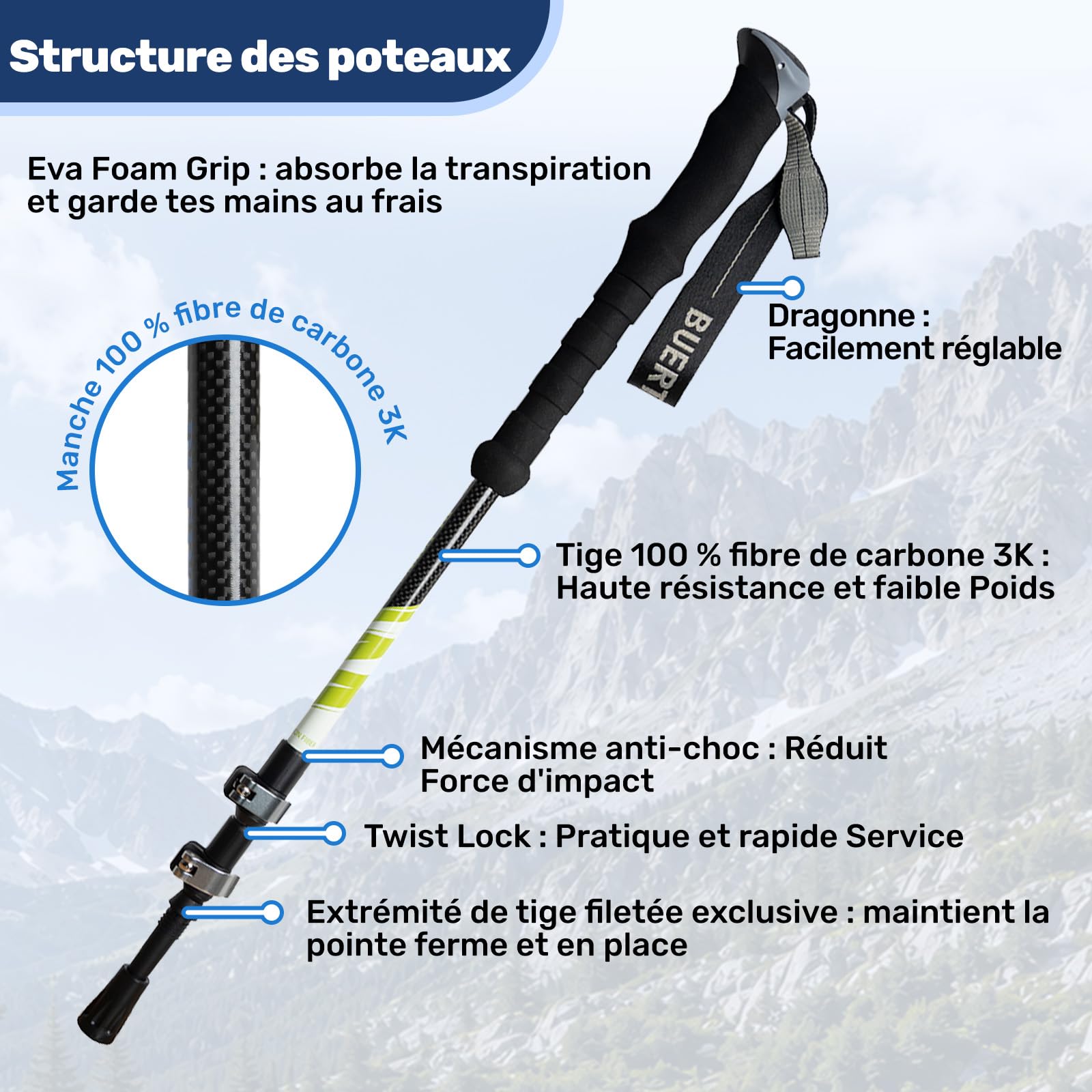 Bâtons de randonnée en Fibre de Carbone, Lot de 2, bâtons de Marche légers, réglables 64-135 cm, Pliables, bâtons de Nordic Walking pour Hommes et Femmes, adaptés au Camping et à la randonnée