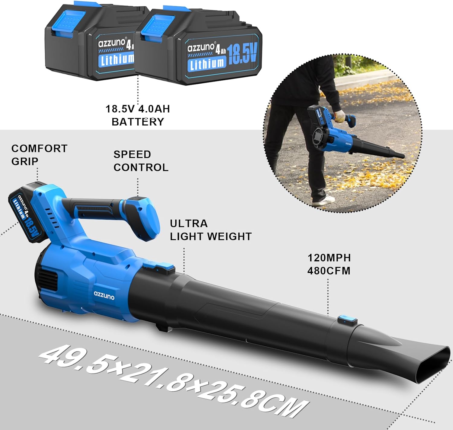 AZZUNO Leaf Blower Cordless, 3 Speed Mode MAX 580CFM Brushless Motor, Electric Blower for Lawn Care,Patio,Leaves,Dust,and Snow Removal(No Battery for DEWALT)