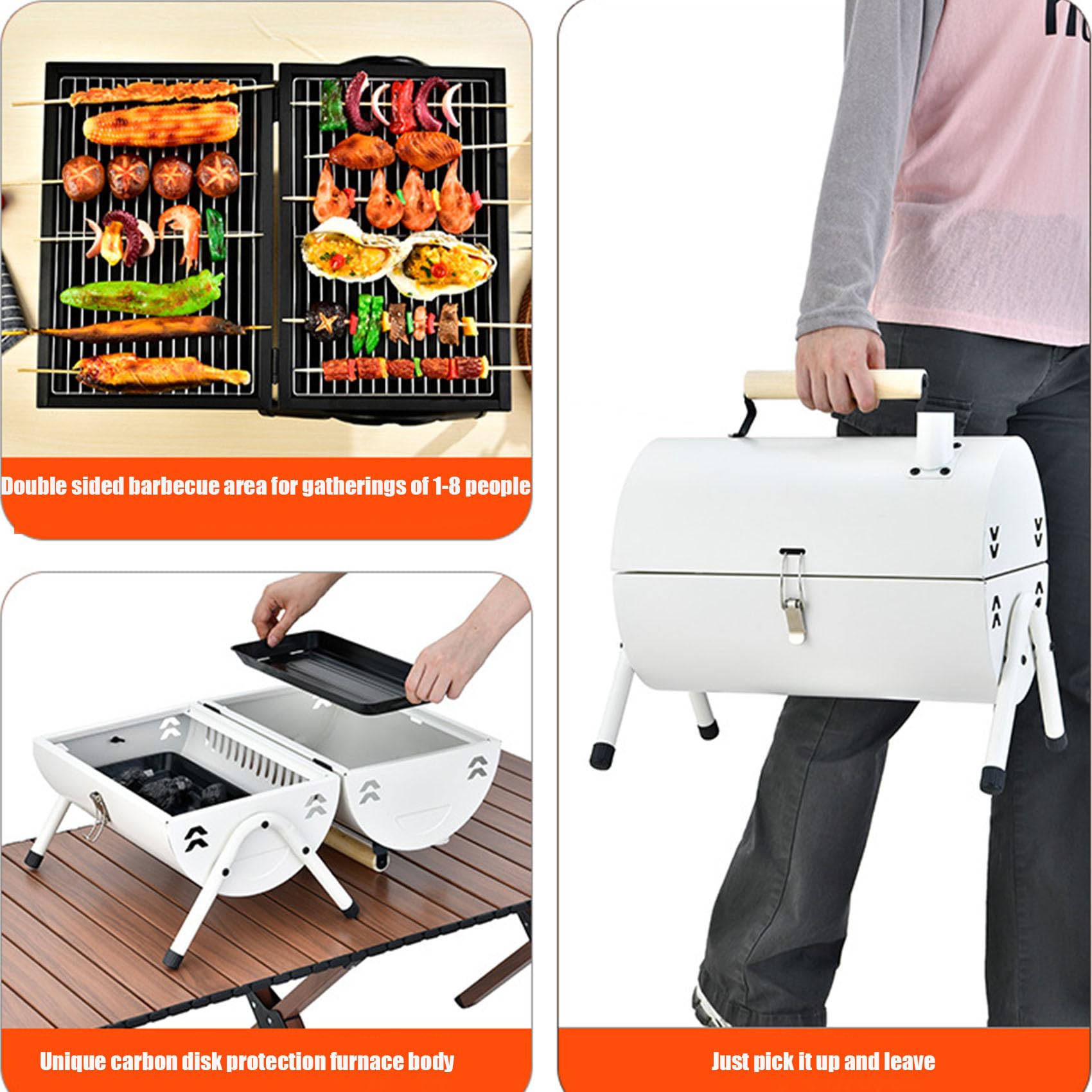Parrilla compacta de doble cara blanca plegable para exteriores con mango resistente al calor para camping, viajes y cocina en el patio trasero, parrilla pequeña portátil para un uso fácil