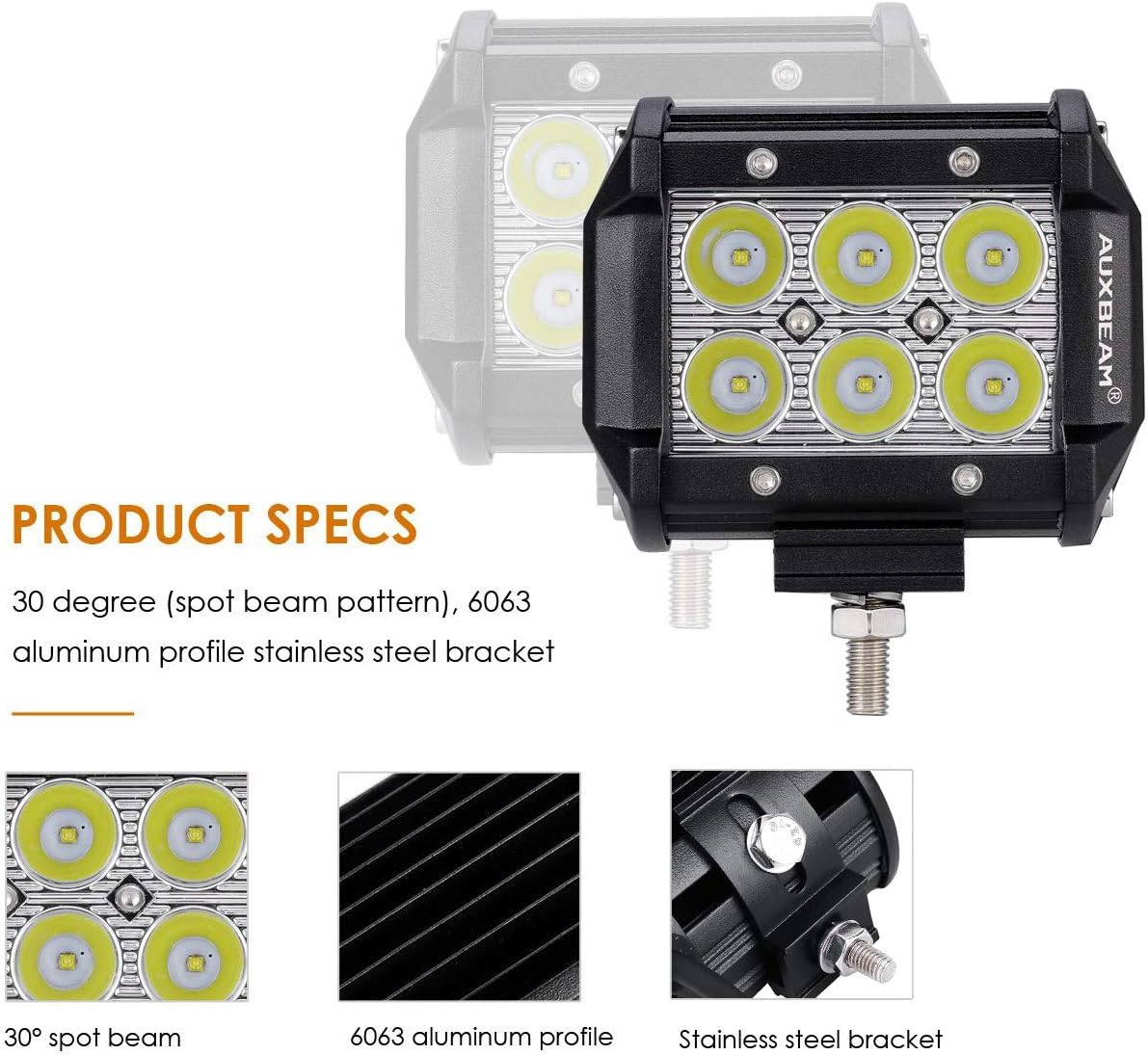 Auxbeam 2 Pcs LED Light Bars 4 inch LED Pods 18W Driving Light Spot Beam for Jeep, ATV, UTV, Truck, Offroad Vehicle (Without Wiring Harness)