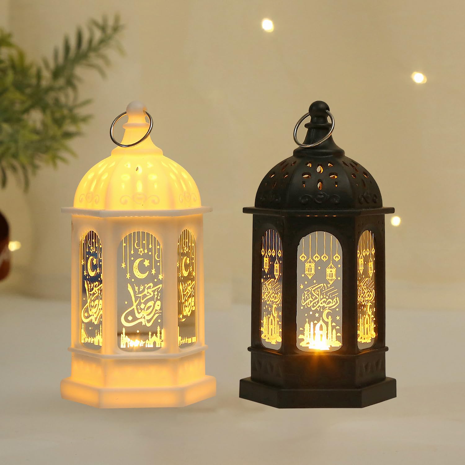 Mini Ramadan Candle Lantern Decorations for Centerpiece Moroccan Style LED Eid Hanging Lantern Decorations for Home Halloween Wedding Christmas Table Decor (Black and White)