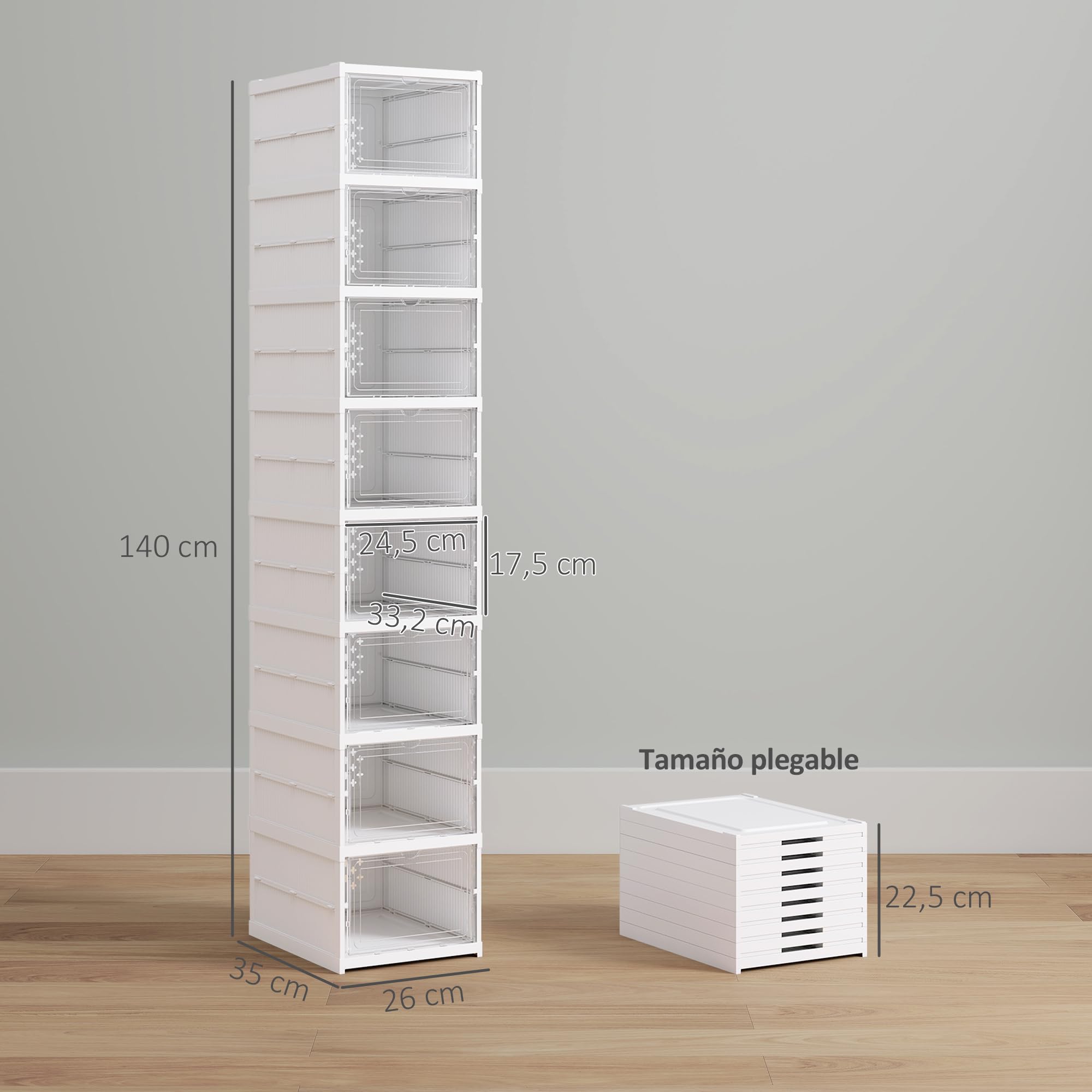 HOMCOM Cajas para Zapatos Apilables, Juego de 8 Organizadores para Zapatos Portátil, Zapatero Plegable con Puertas Transparentes, hasta Talla 43, No Requiere Montaje, Blanco