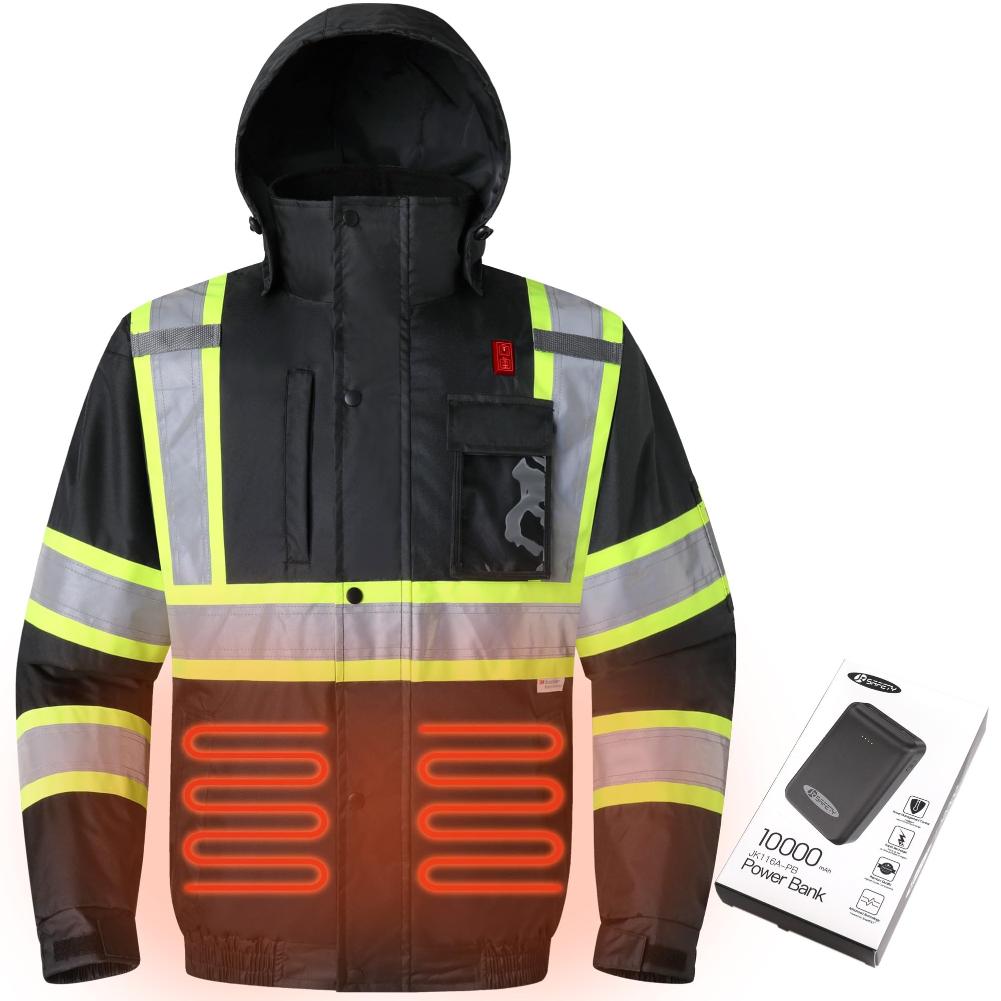 JKSafety Heated Safety Jacket with 3M Reflective Strips for Men and Women | HiVis Construction Work Jacket for Winter | Cold Weather PPE | ANSI Complaint (116A-Black L)