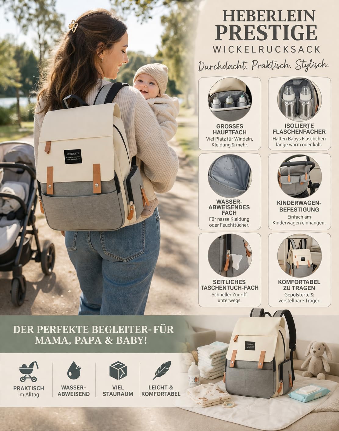 Heberlein Prestige Baby Wickelrucksack - große Wickeltasche für Mama & Papa, wasserabweisend mit vielen Fächern & isolierten Taschen, inkl. Wickelauflage & Kinderwagenbefestigung - ideal für unterwegs