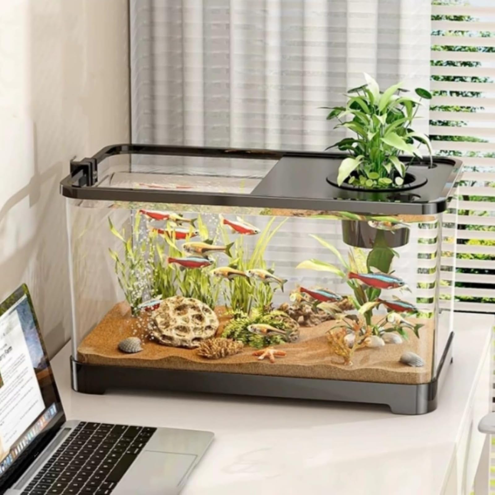 Kit Acquario Piccolo Acquario per Pesci Betta e Principianti, Vasca decorativa Silenziosa per Tartarughe e Animali Acquatici, Acquario da Scrivania Trasparente