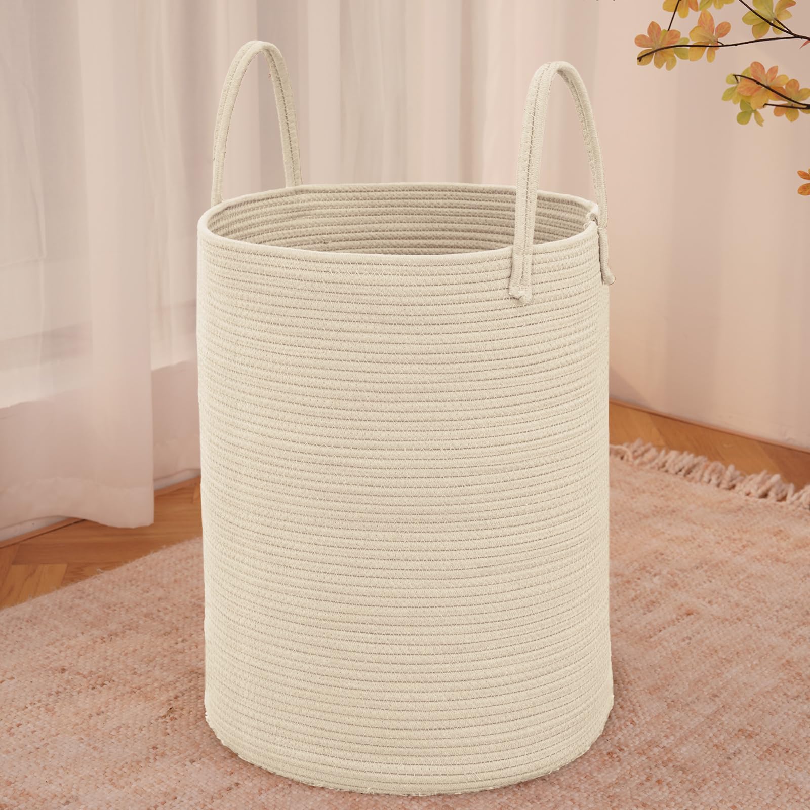 JMvicyroam Large Woven Laundry Basket Hamper,100L Cotton Rope Storage Bin for Blankets,Toys and Clothes,Decorative Tall Nursery Hamper for Living Room