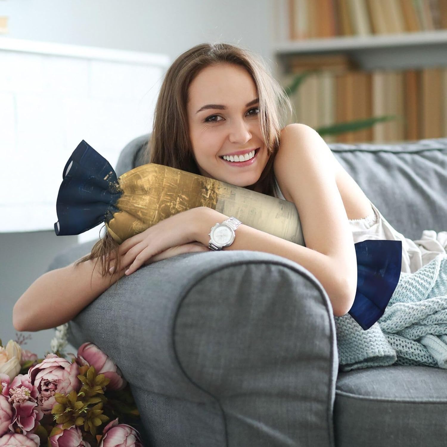 Gold Blue White Print Candy Cylindrical Comfortable Pillow Throw Pillows Home Decor Easy Maintenance