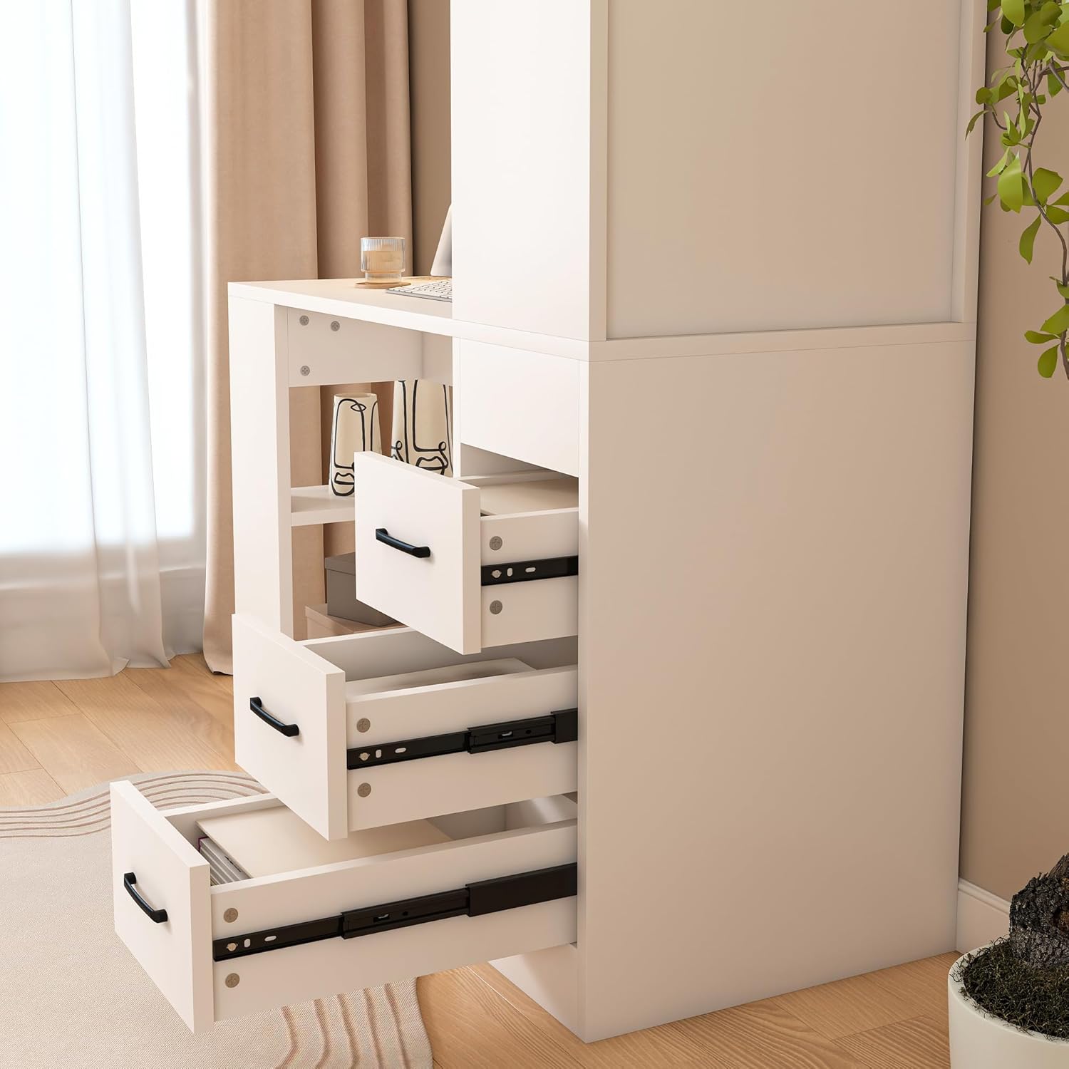 White Gaming Desk with Hutch for Home Office and Study: Wooden Computer Desk Features 4 Storage Shelves, 3 Drawers, Built-in Power Outlet (Brown)