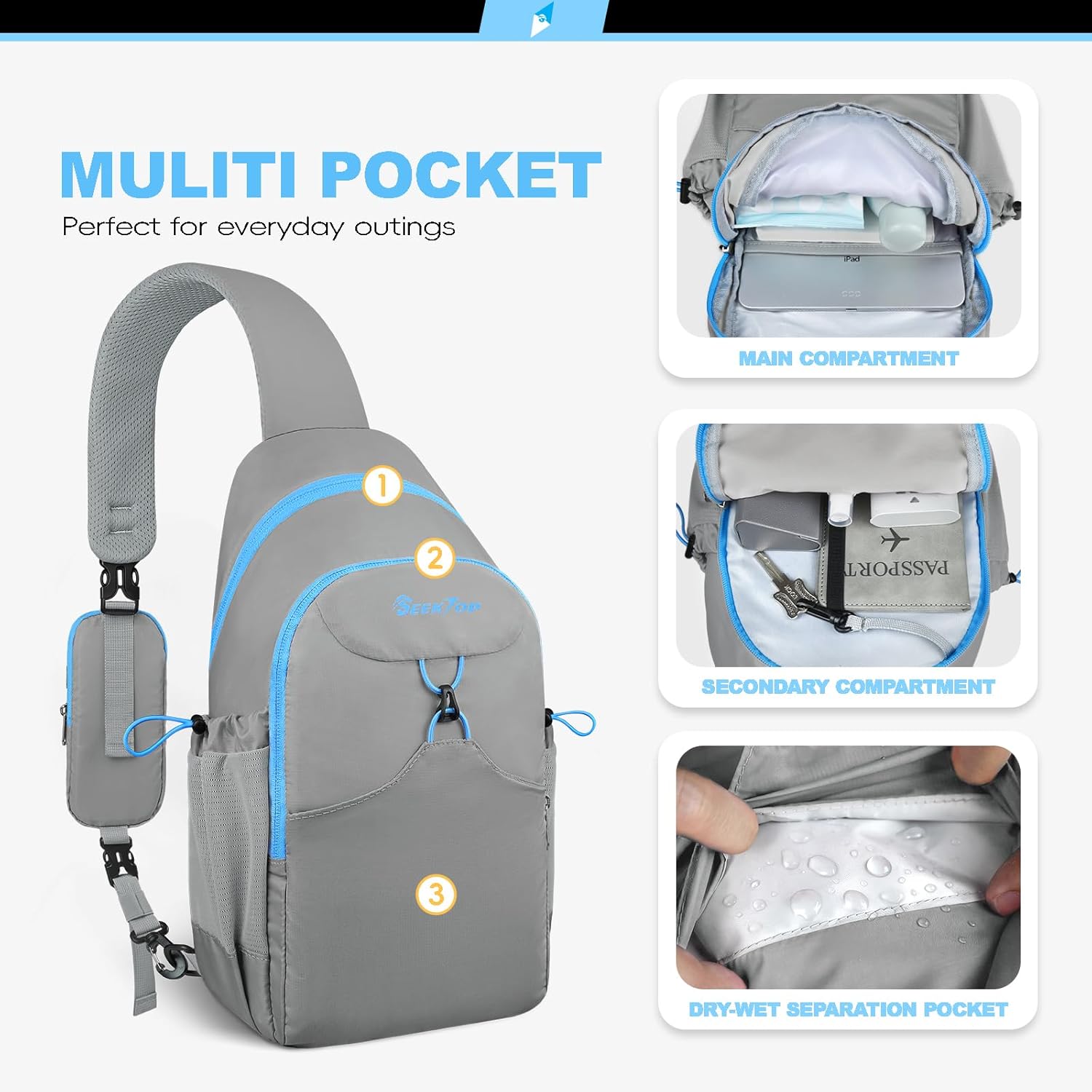 Seektop Crossbody Bag RFID Sling Backpack for Women & Men, Casual Chest Daypack for Hiking Travel