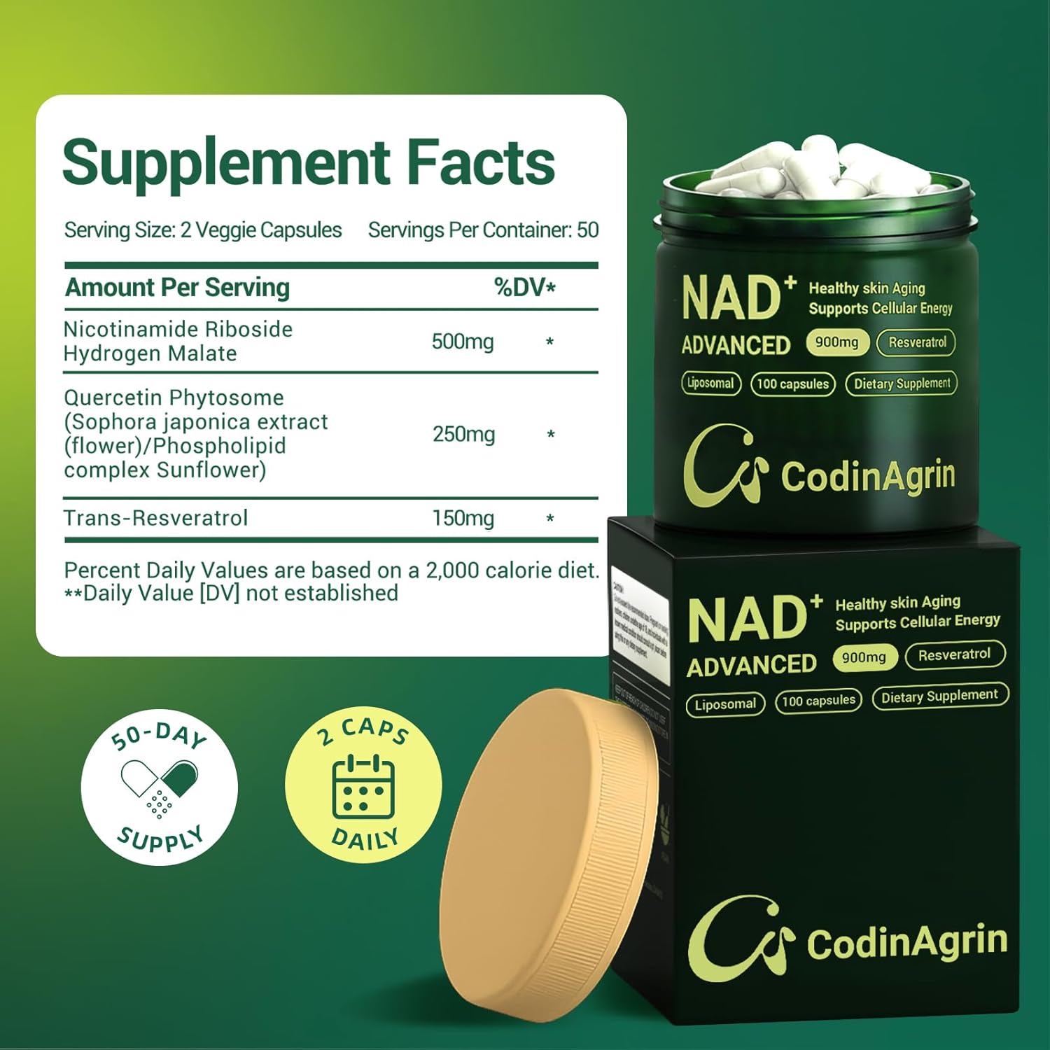 NAD+ Supplement with Resveratrol 900mg Nicotinamide Adenine Dinucleotide Complex for Cellular Energy Repair, Anti-Aging & Mental Clarity Support, Non-GMO, Vegetarian Friendly, 100 Capsules - Image 2
